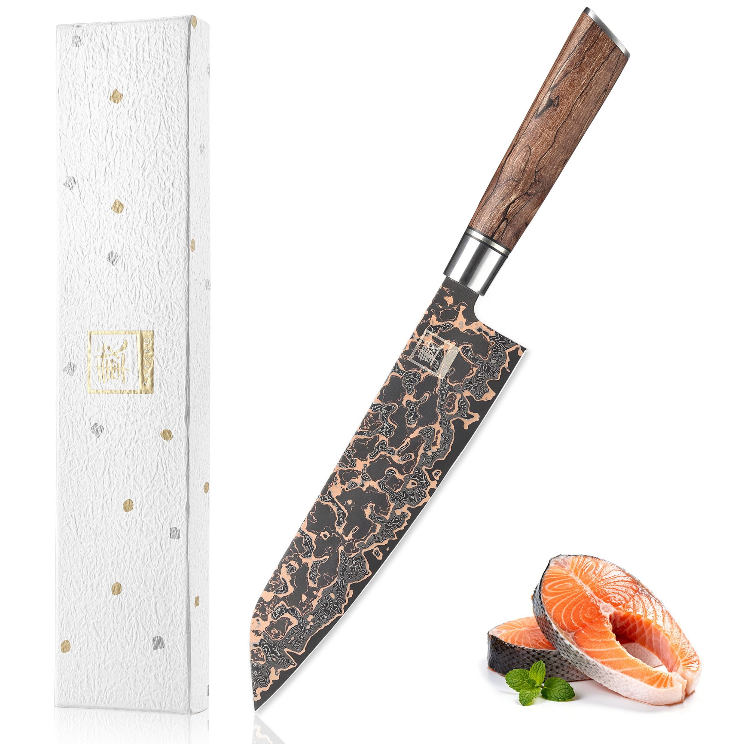 ZAYIKO Kochmesser ShadowMagma 20,5 cm Klinge Kupfer-Bronze-Einlage Apfelwurzelholzgriff