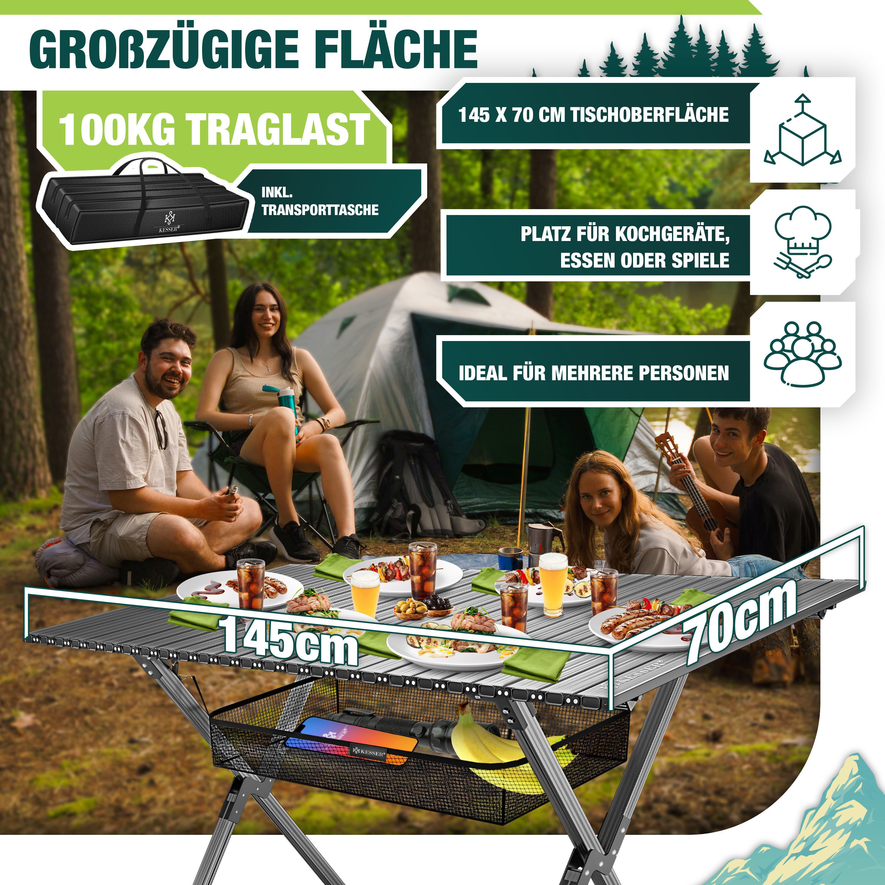 KESSER Campingtisch Klapptisch faltbar mit aufrollbarer Tischplatte (145x70 günstig online kaufen