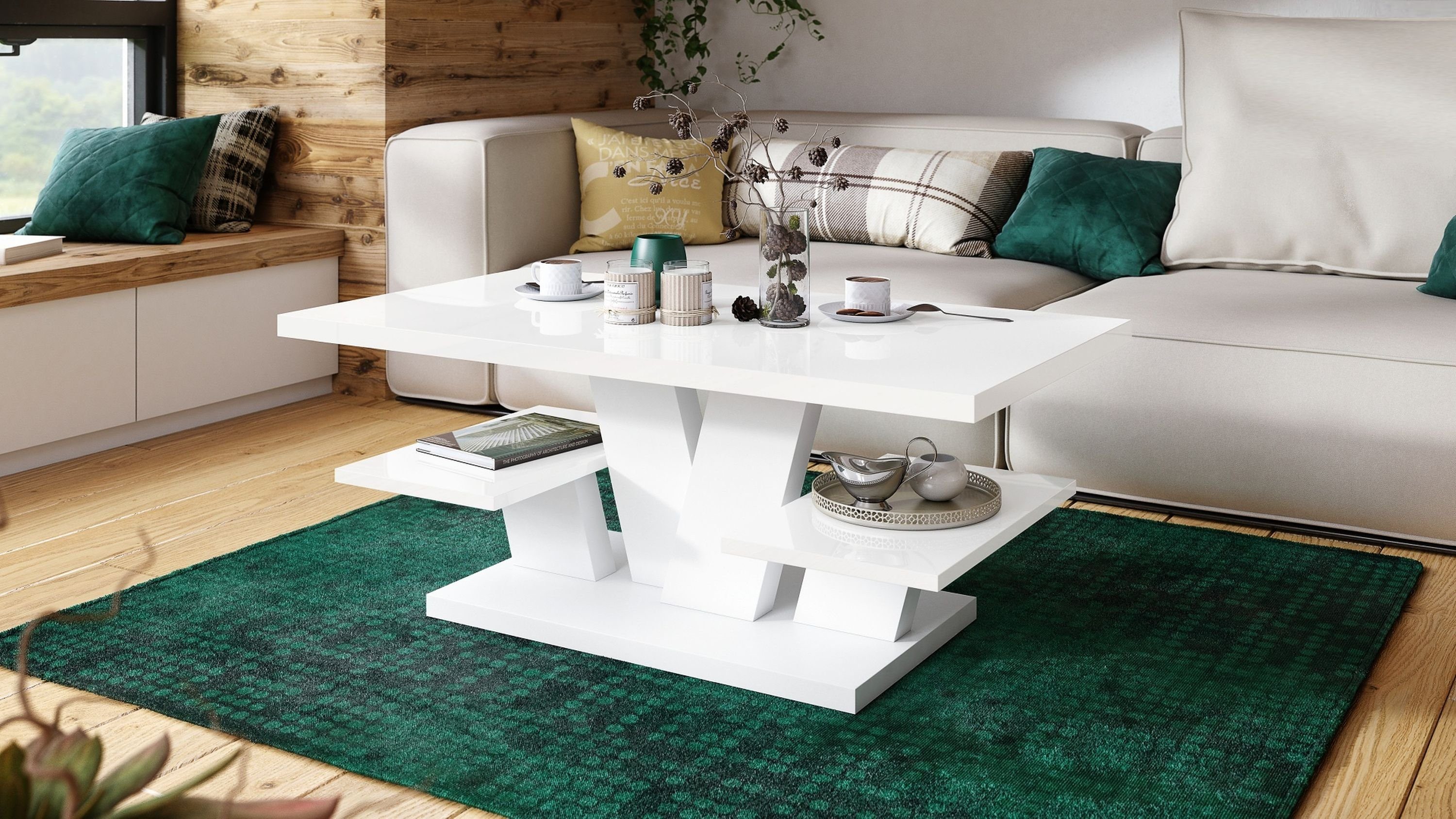 designimpex Couchtisch Design Viva Tisch Wohnzimmertisch 110x60x45 cm mit Ablagefläche Weiß Hochglanz