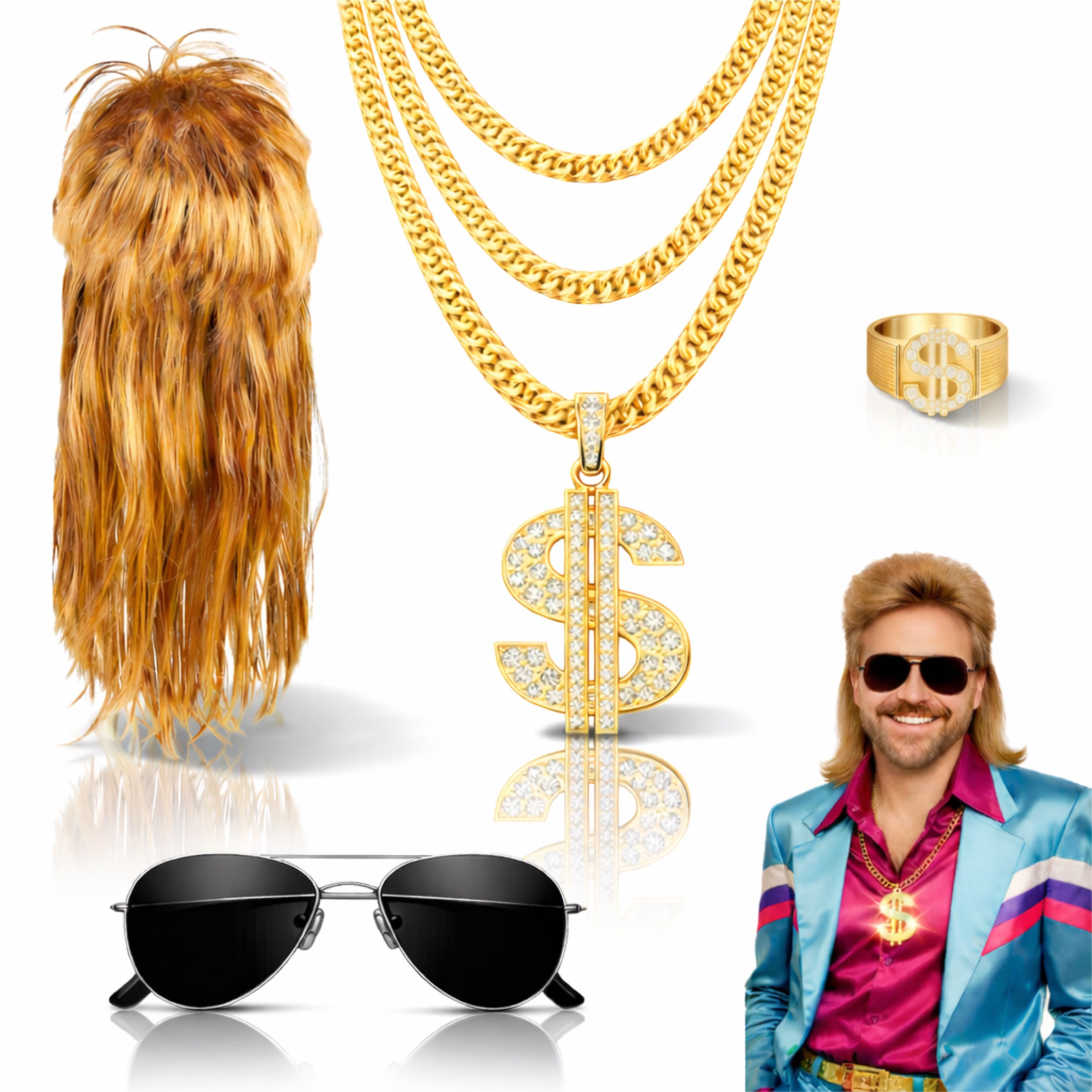 TK Gruppe Kostüm 4 in 1 Vokuhila Set für Fasching & Karneval – mit Assi Perücke