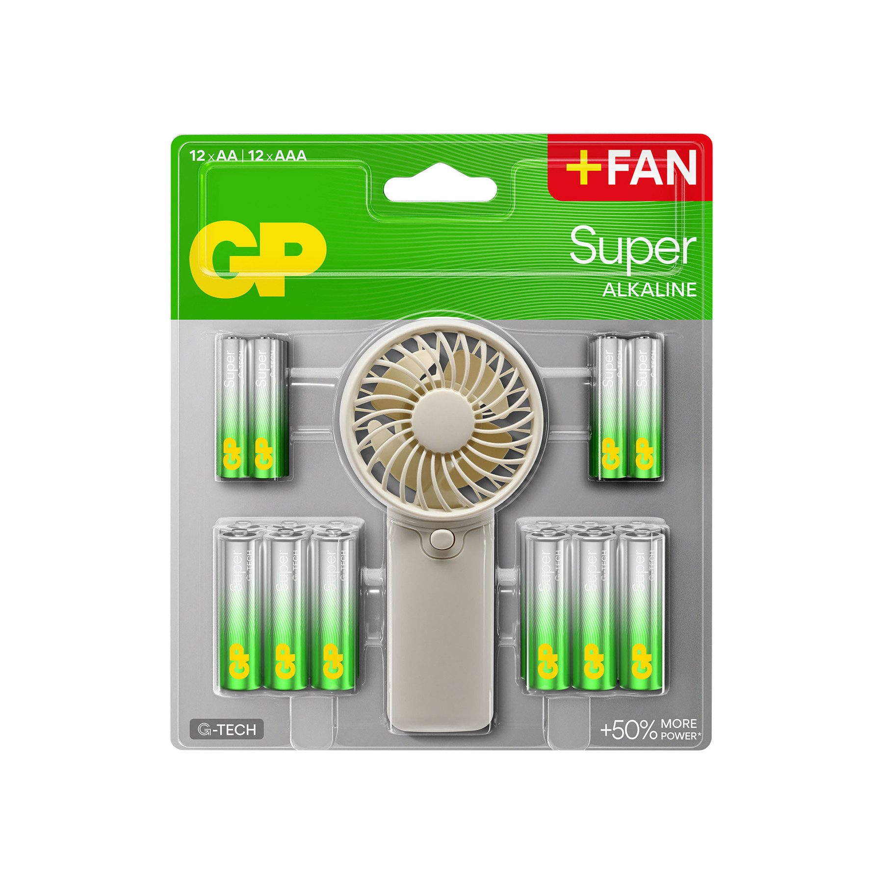 Gp Alkaline Batterien GP, 12x AAA, 12x AA + kostenloser Handventilator Batterie