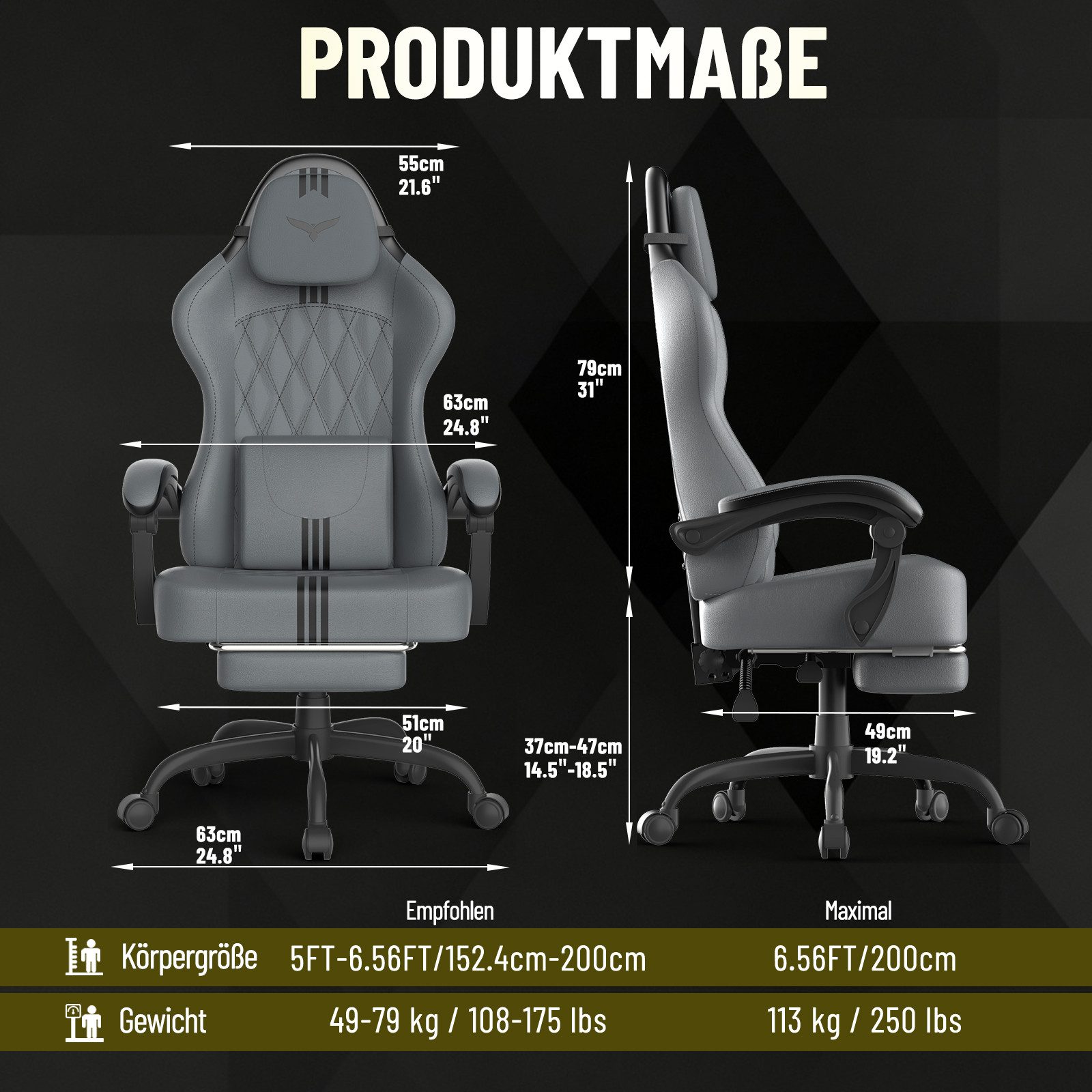 Huracan Gaming-Stuhl Gaming Chair mit Massagefunktion Kopfstütze & Fußstütze, (Gamer Stuhl,Gaming Sessel), Verstellbare Rückenlehne 90-135°,Höhenverstellbar – Bild 2 von 5