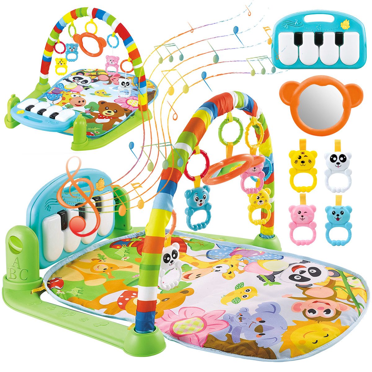 Krabbeldecke Spielmatte mit Spielbogen Baby Lernmatte Spieldecke Erlebnisdecke, MOPUEA, mit Klavier, Licht, Musik, Spiegel Lernspielzeug Waschbar