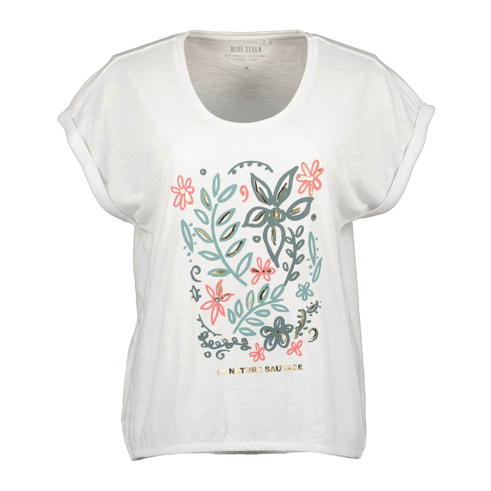 Blue Seven T-Shirt 105925 Damen Kurzarm-Shirt mit Front-Print Floral & überschnittenen Schultern