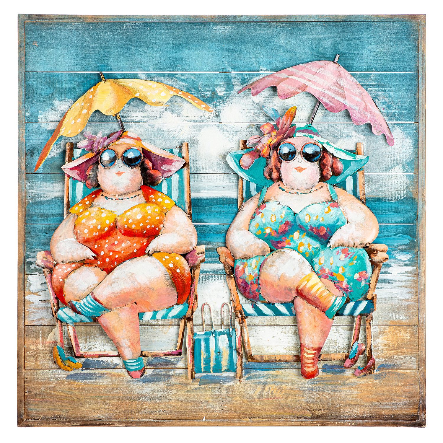 GILDE Metallbild Bild quadratisch Sun Ladies mehrfarbig, Strandbilder (1 St), Strandfrauen Sommerfeeling Sonnenhut Urlaubsmotiv Lifestyle-Deko