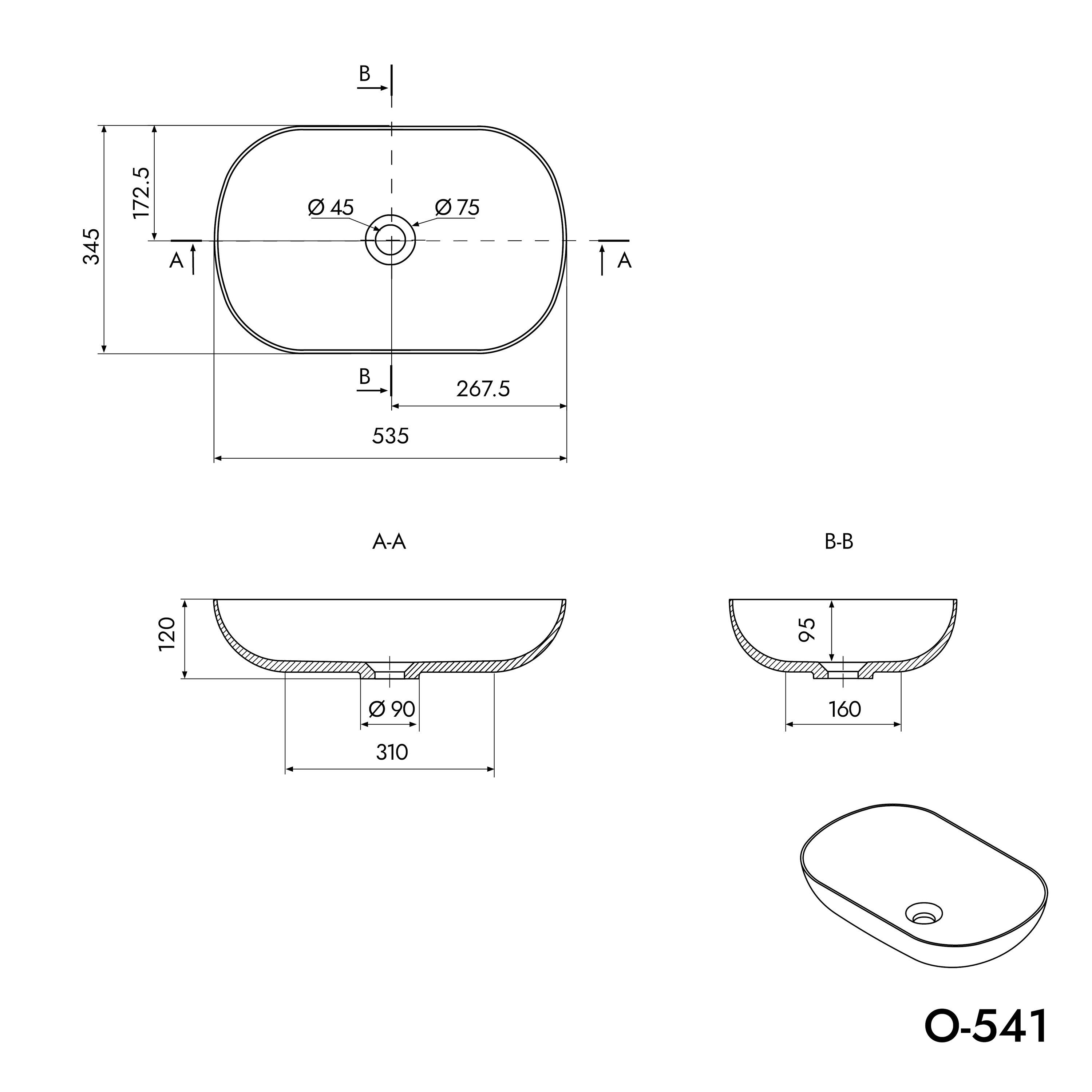 Bernstein Aufsatzwaschbecken O-541 54cm Weiß matt, Aufsatzwaschbecken oval große Blende Mineralguss – Bild 5 von 5