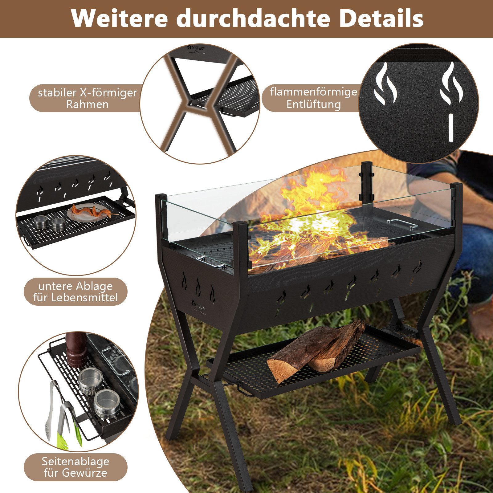 KOMFOTTEU Holzkohlegrill, 3 in 1 Gartengrill aus Edelstahl, BBQ Grill