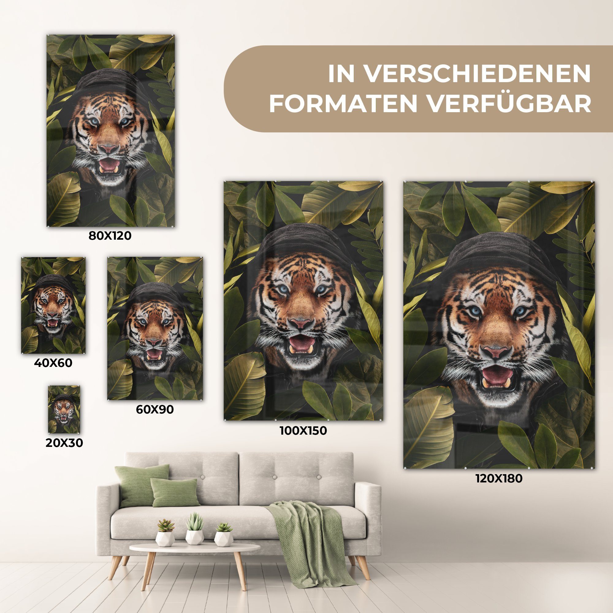 - - bunt Bilder Tiger auf Glas - Wanddekoration Glasbilder Foto Glas St), MuchoWow auf - Wandbild Pflanzen, (1 Blätter Acrylglasbild -