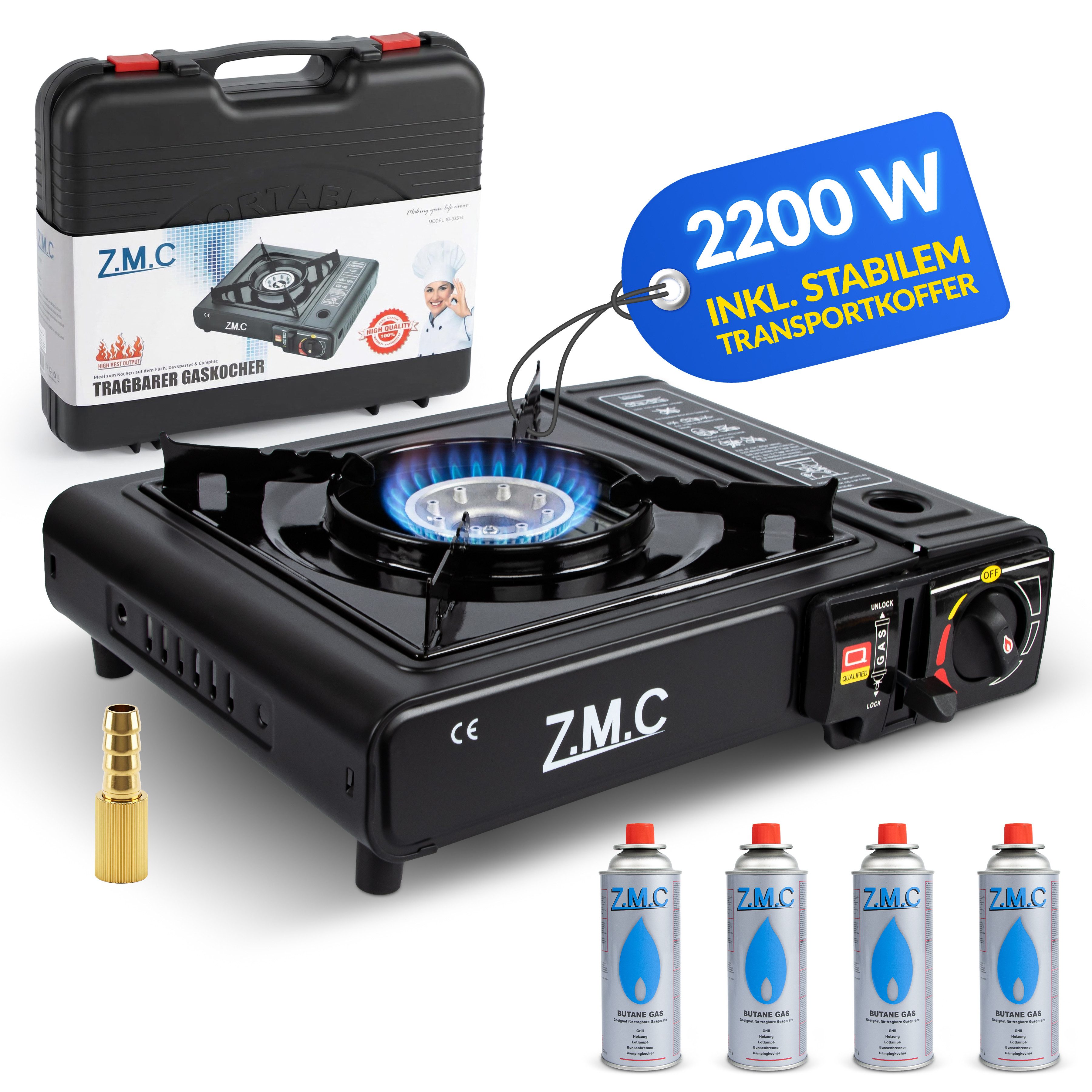 ZMC Gaskocher Campingkocher 1-flammig mit Transportkoffer + 4x Gaskartuschen, (Spar-Set, inkl. Piezozündung, Windschutz & Druckregler), Gaskochfeld Butan Outdoor Indoor Kartuschenkocher Tischkocher Gasherd von ZMC