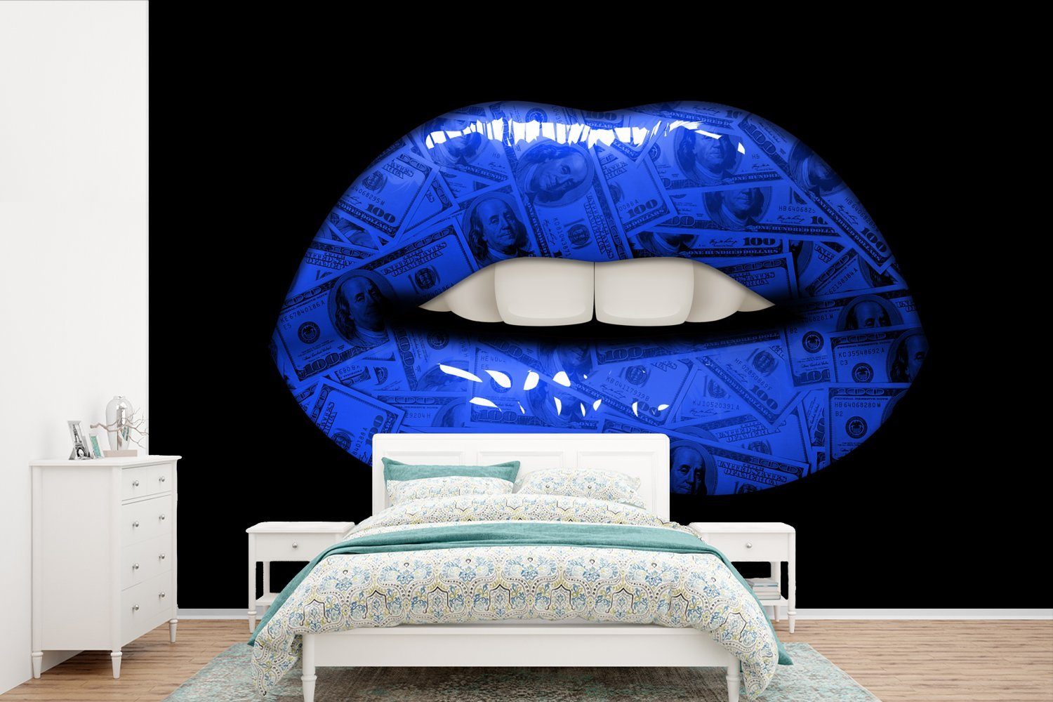 MuchoWow Fototapete Lippen - Geld - Blau, Matt, bedruckt, (6 St), Wallpaper für Wohnzimmer, Schlafzimmer, Kinderzimmer, Vinyl Tapete