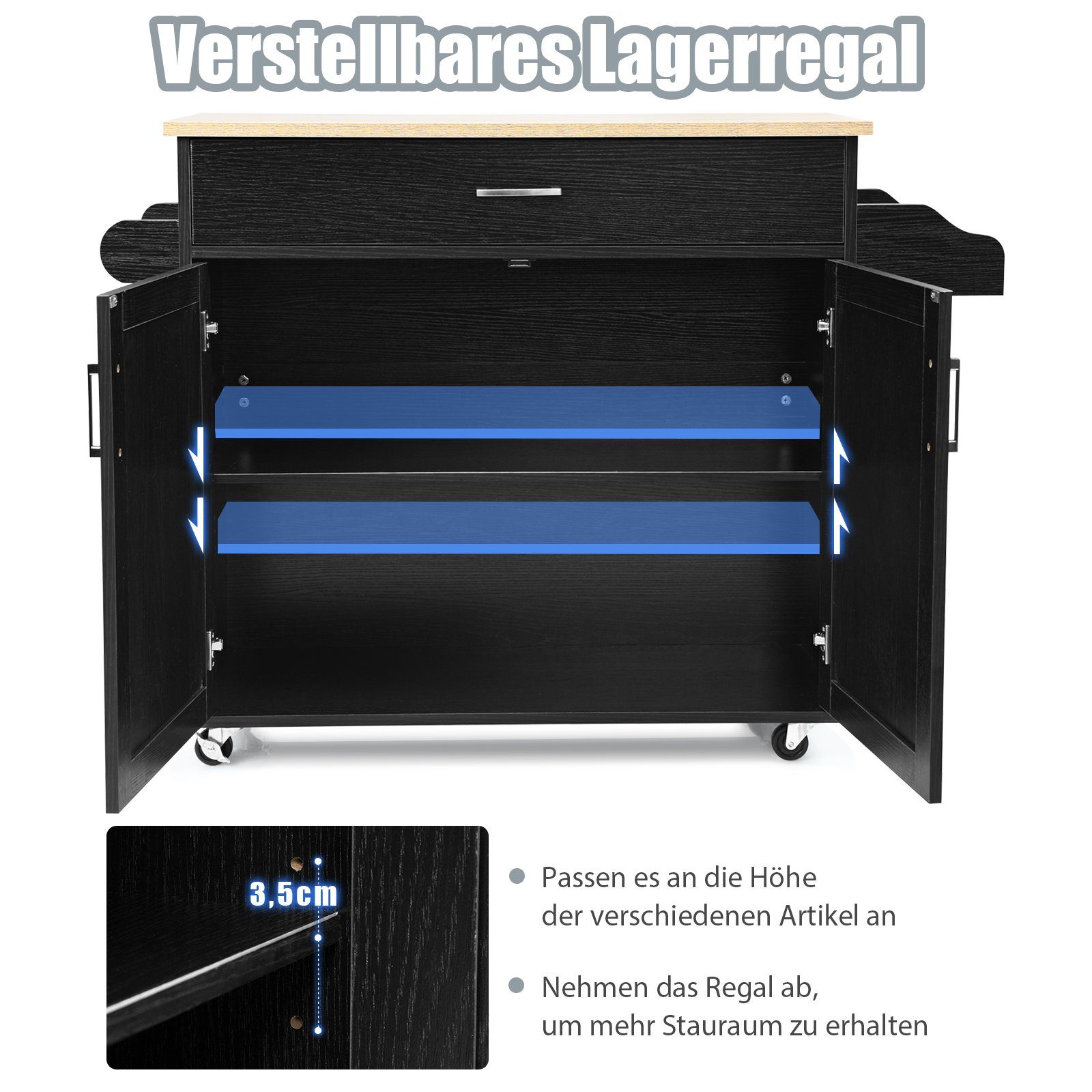 COSTWAY Küchenwagen, Ablage, mit & Schwarz rollbar Gewürzboard Handtuchhalter