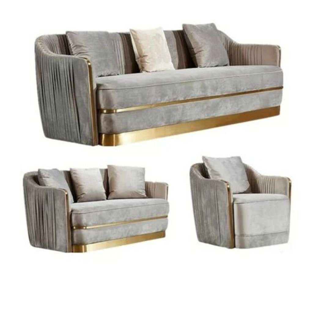 JVmoebel Wohnzimmer-Set, Designer Couch Polster Sitz Garnitur Sofa Garnituren Samt 3+1+1 Grau