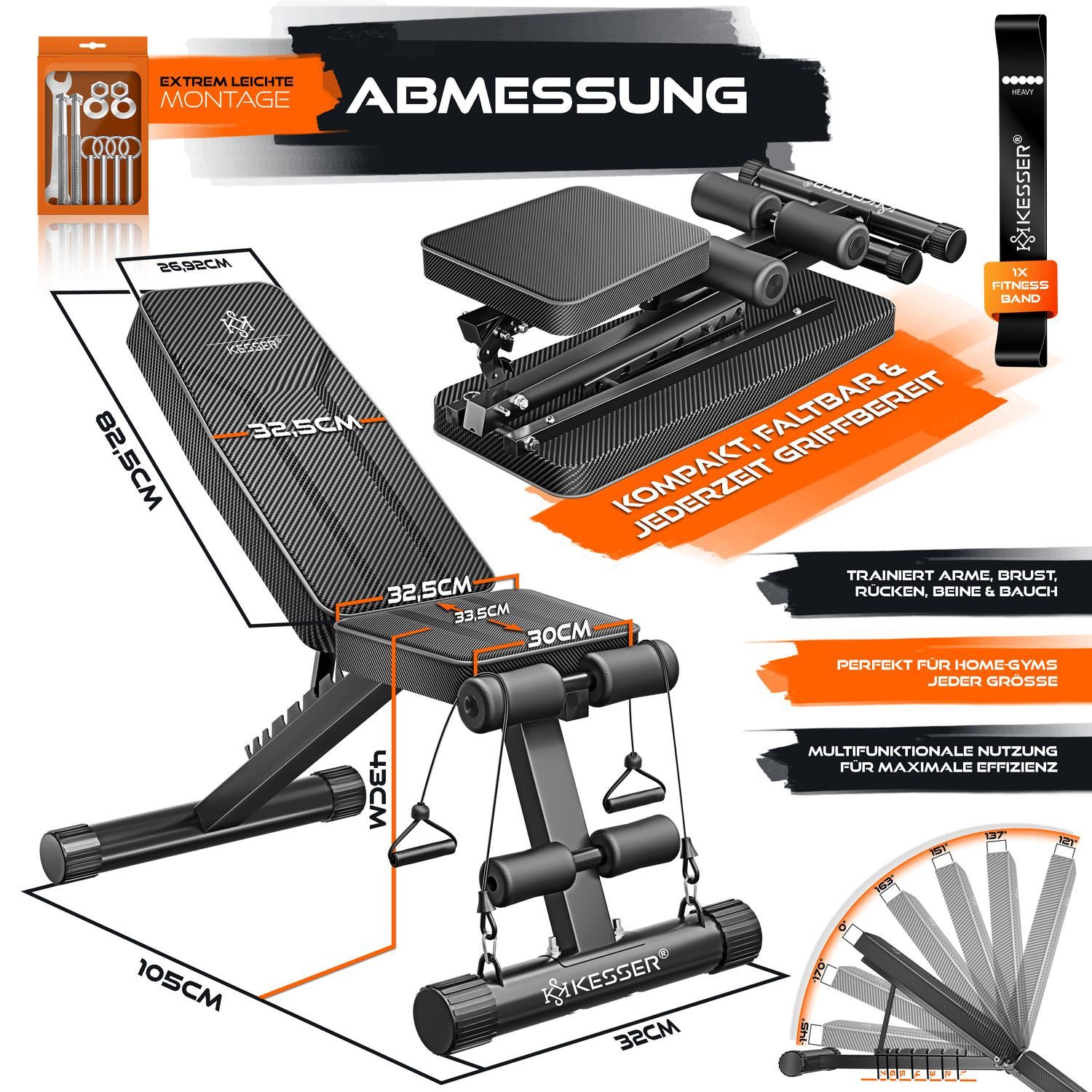 KESSER Hantelbank Multifunktionale Trainingsbank mit Rückenlehne 500kg Belastbarkeit, (Klappbare Verstellbare Mehrzweck-Hantelbank Flachbank zum Bankdrücken), Fitnessgerät Ganzkörpertraining Schrägbank für Fitness & Training