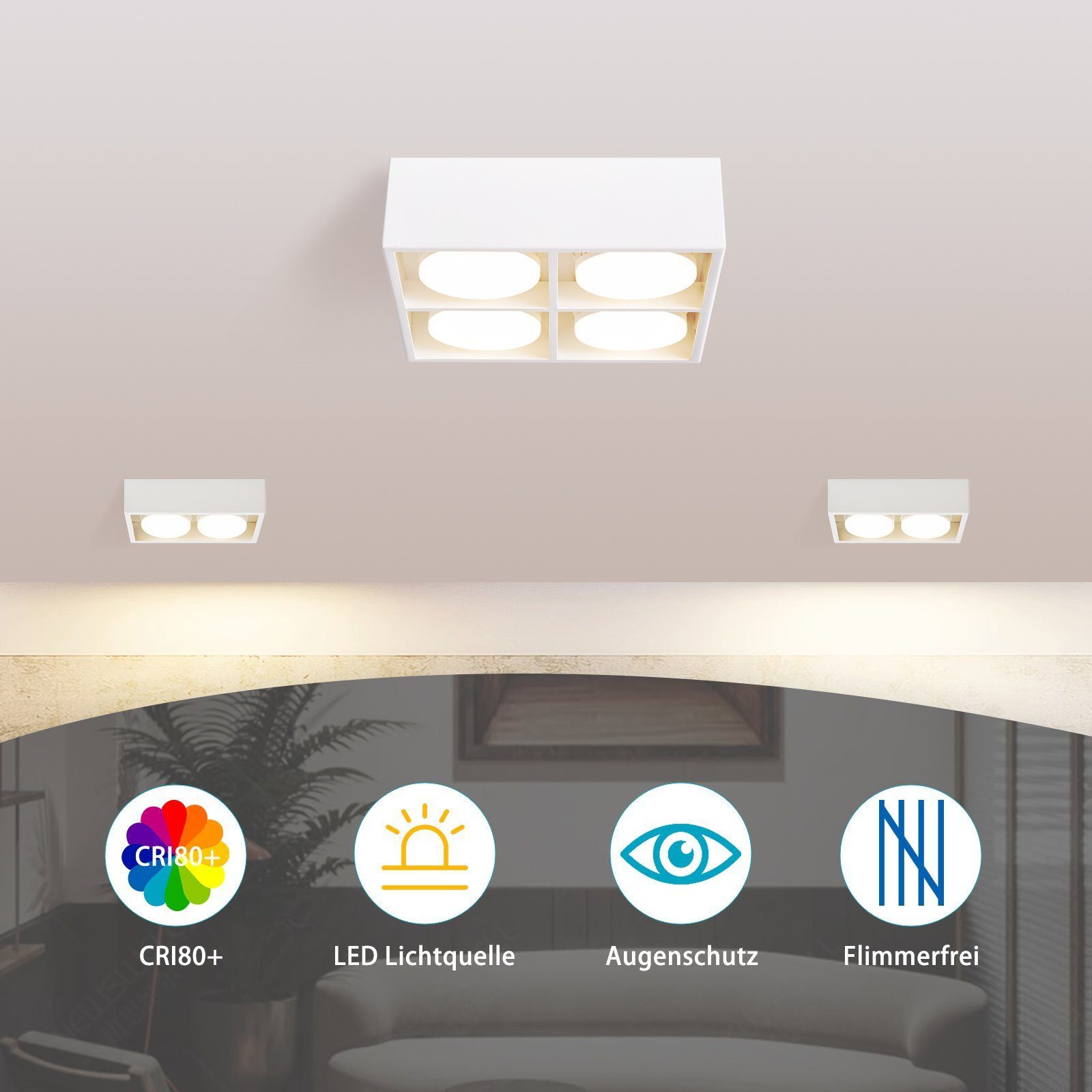 ZMH LED Deckenstrahler Deckenleuchte LED Deckenspots - Eckig mit 3/4 Flammig Schwenkbar, 3000k, 15W GX53 Aufbaustrahler für Küche Wohnzimmer, Weiß/Schwarz