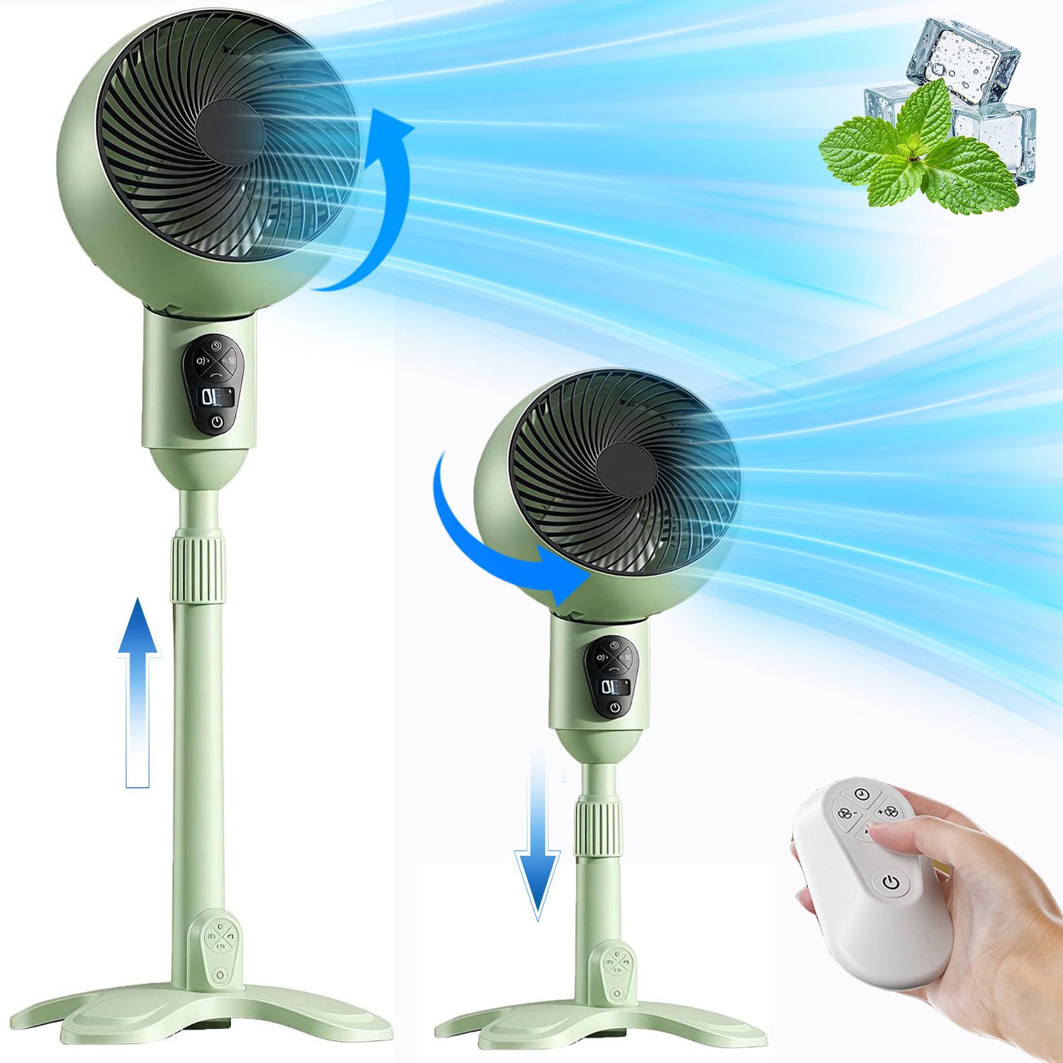 MOPUEA Akku-Standventilator Akku Standventilator 10 Stufen Fernbedienung Timer Display, 10 Stufen 8 h Timer Oszillation Display abnehmbares Gitter