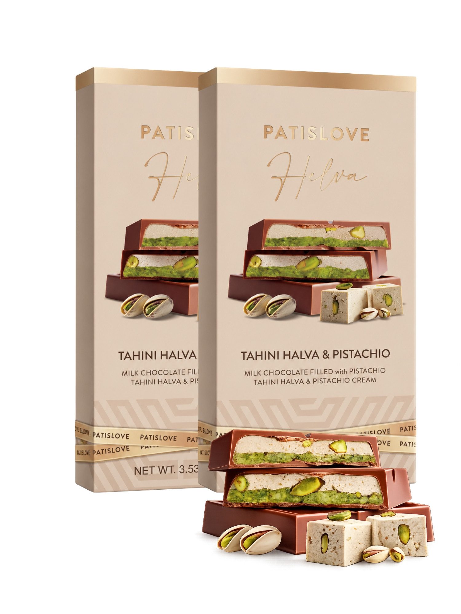 PATISLOVE Schokolade Vollmilchschokolade mit Tahini Halva & Pistaziencreme 100g, ohne Konservierungsstoffe, ohne Farbstoffe