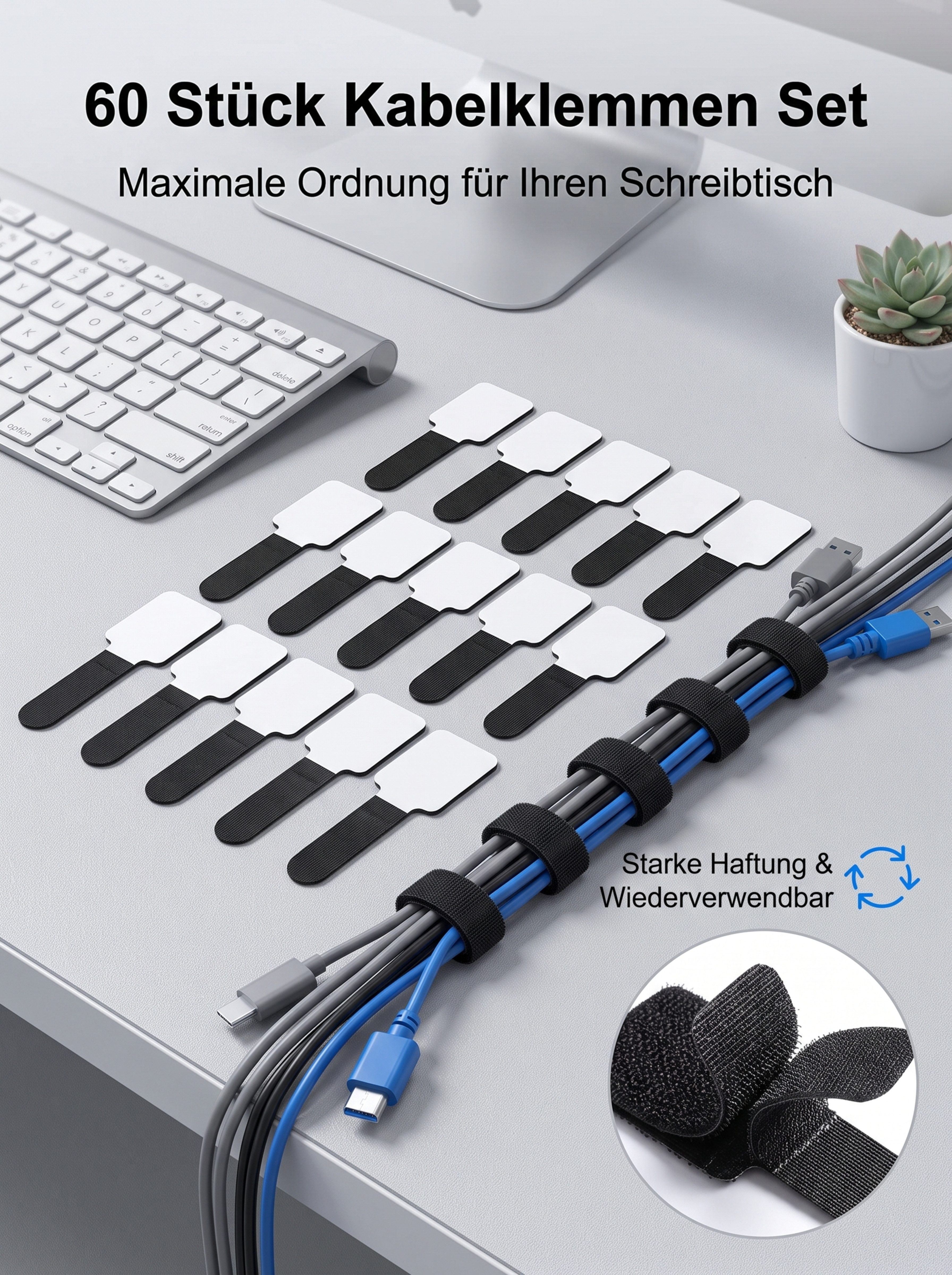 AIMAX Kabelbinder Kabelhalter selbstklebend 60er Set für Kabelmanagement
