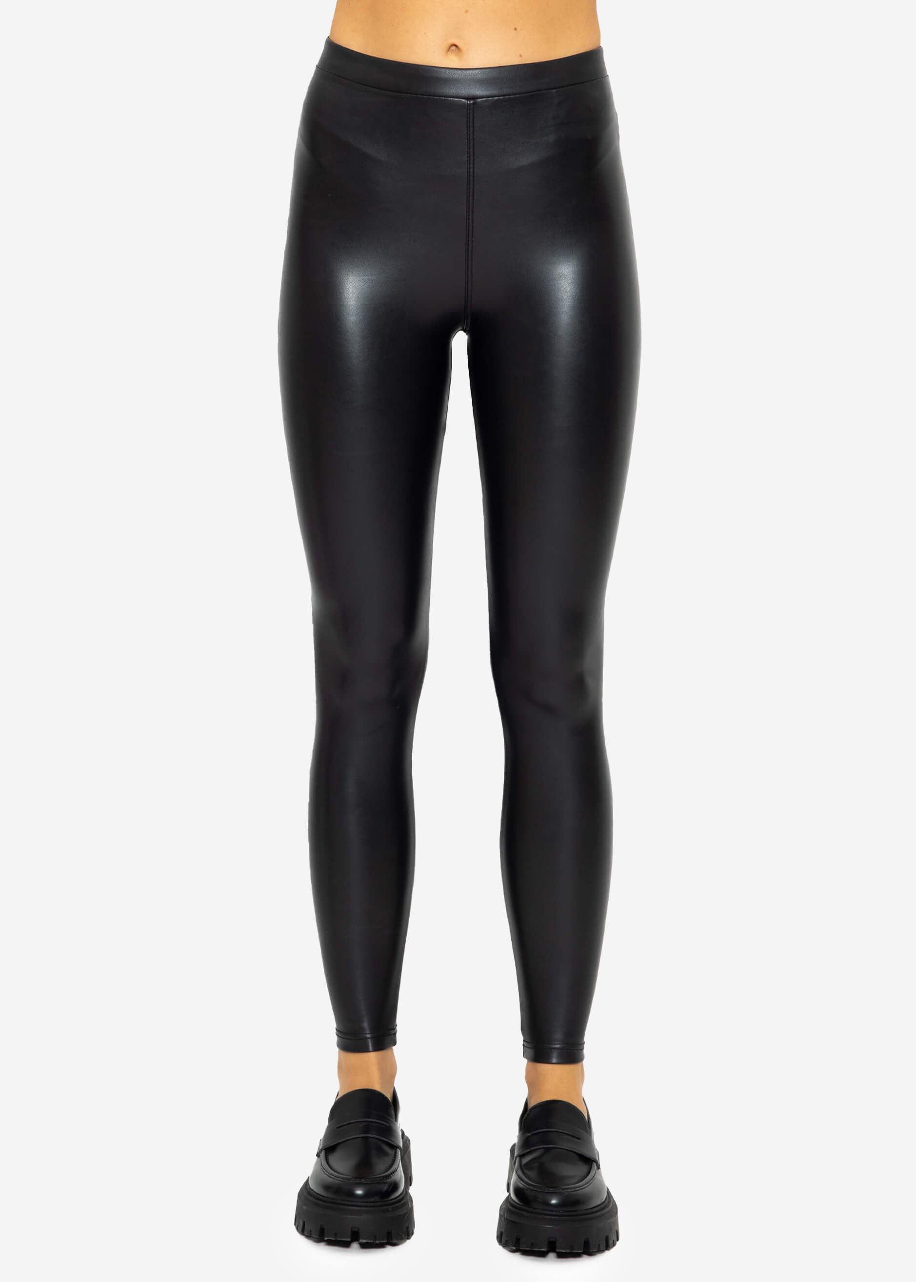 SASSYCLASSY Lederimitathose Skinny Damen Leggings mit Thermo-Futter Mid-Waist Leggings in Lederoptik – Bild 3 von 5