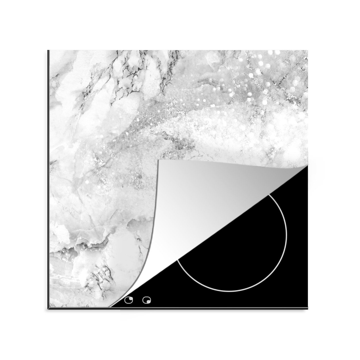 MuchoWow Herdblende-/Abdeckplatte Grauer Marmor und Glitzer - schwarz und weiß, Vinyl, (1 tlg), 78x78 cm, Ceranfeldabdeckung, Arbeitsplatte für küche