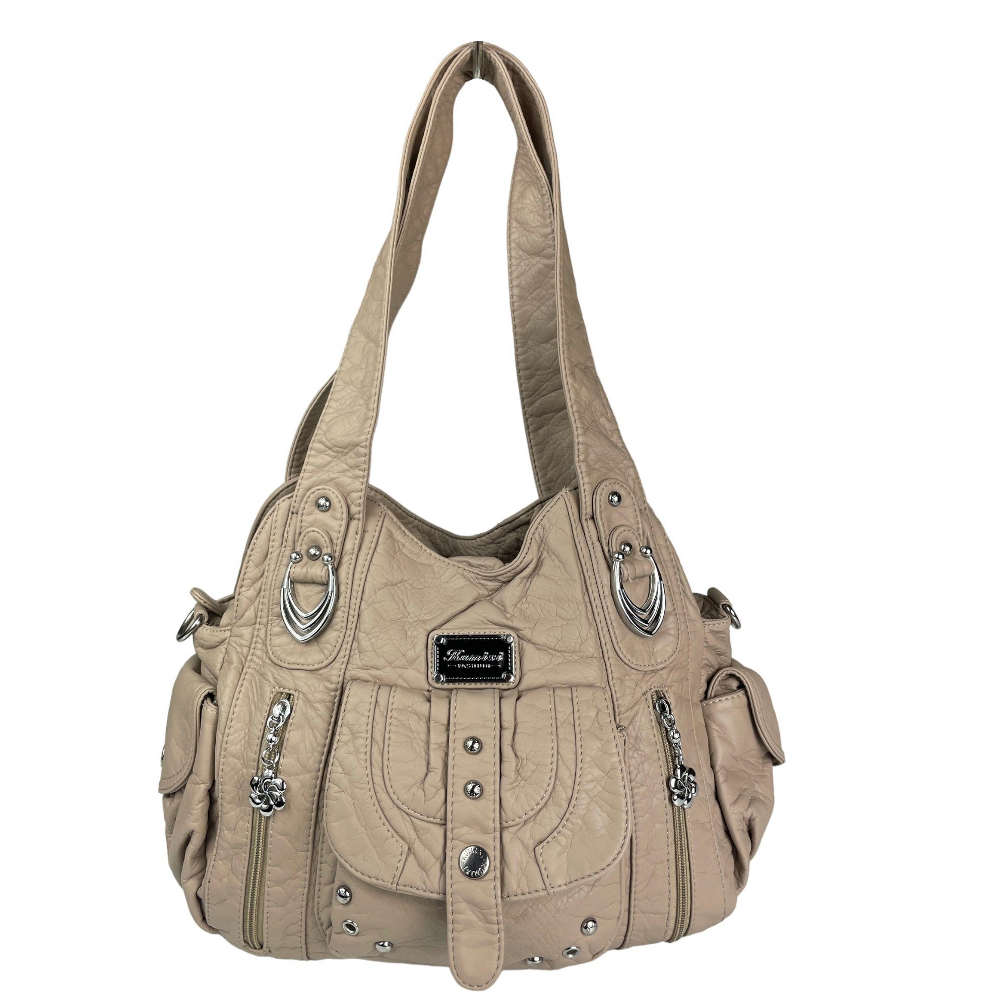 Taschen4life Schultertasche Damen Handtasche AKW22026, lange Tragegriffe & abnehmbarer Schulterriemen, Schultertasche beige