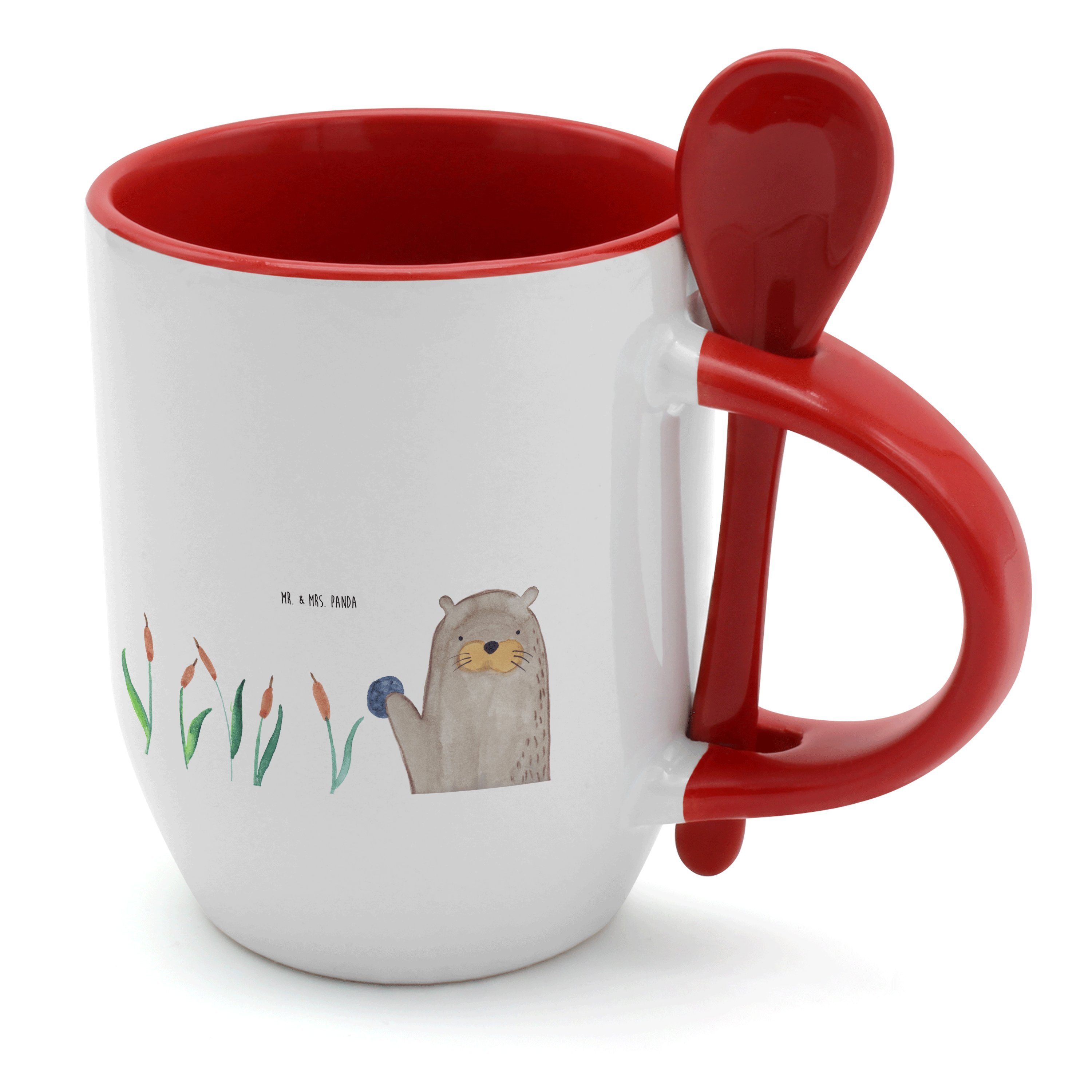 Mr. & Mrs. Panda Tasse Otter mit Stein - Weiß - Geschenk, Kaffeebecher, Seeotter, Kaffeetass, Keramik