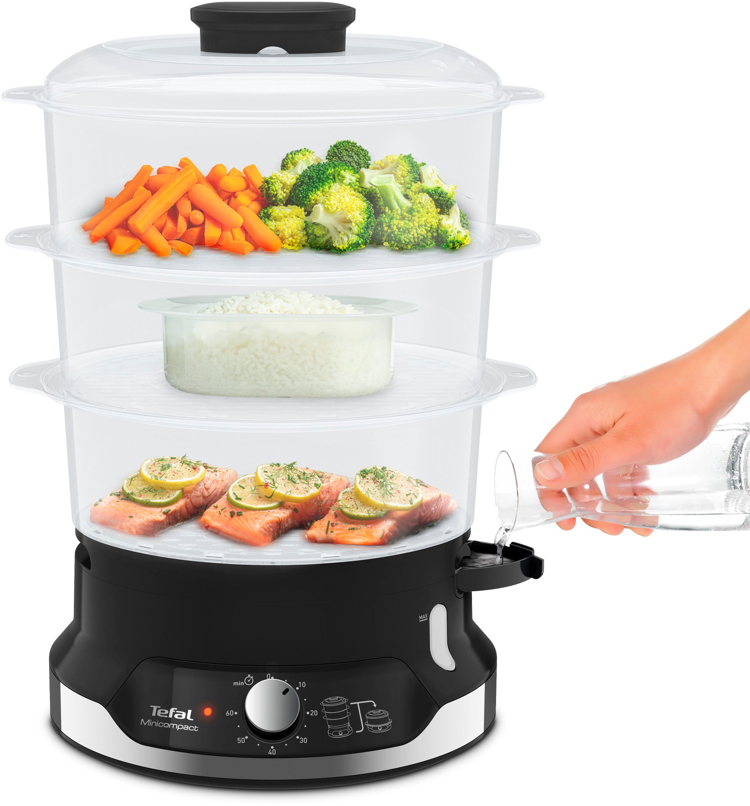 Tefal Dampfgarer Ultracompact, 800 W, 3 Aufsätze, 60-Minuten-Timer, 9-L-Kapazität, Reis-Einsatz, VC2048