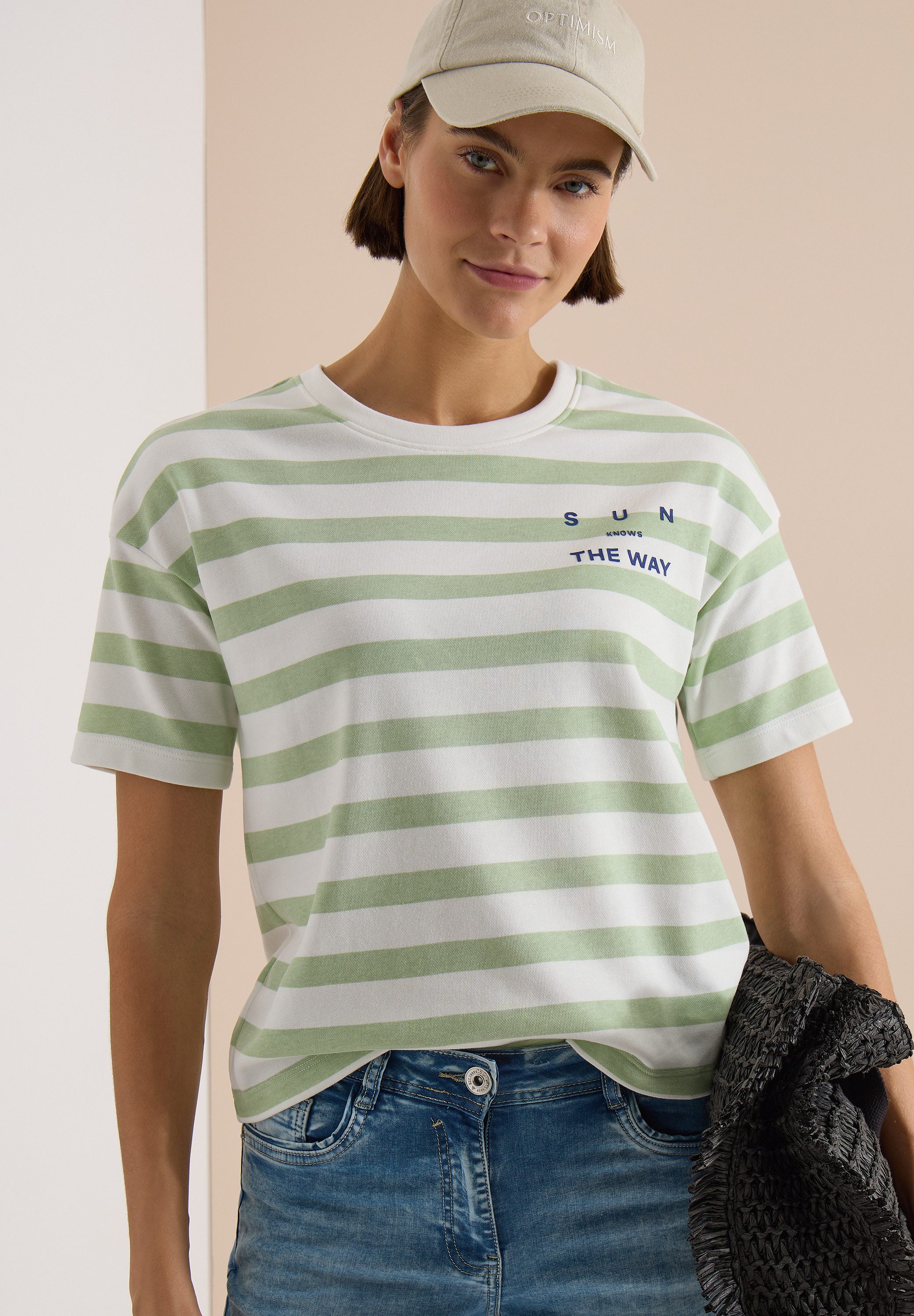 CECIL Kurzarmshirt Sommershirt mit Streifen und Wording-Detail