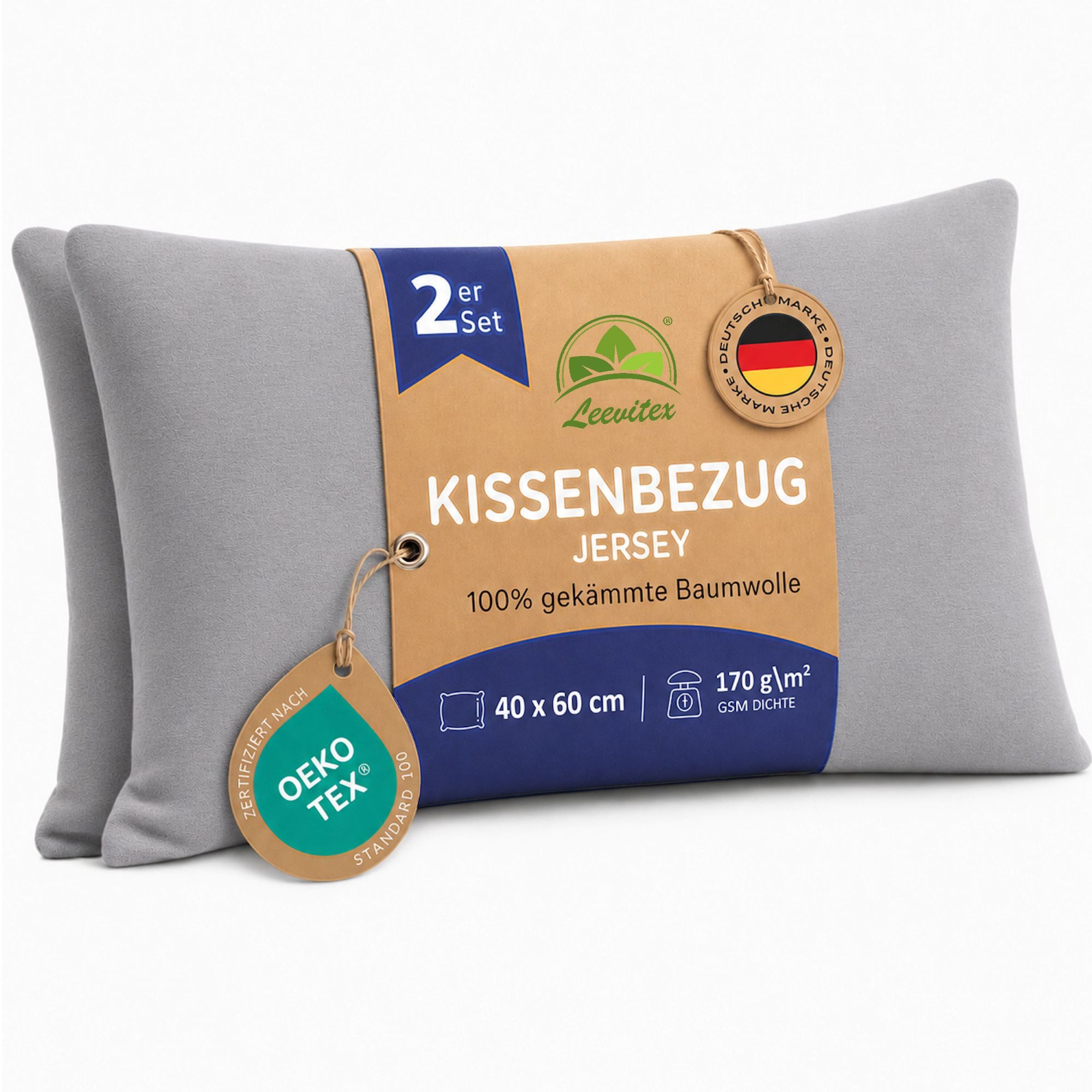 leevitex® Kissenbezüge Kissenbezug 40 x 60 cm, Grau, (2 Stück), feine Jersey-Qualität, 100% Baumwolle, robuster Reißverschluss