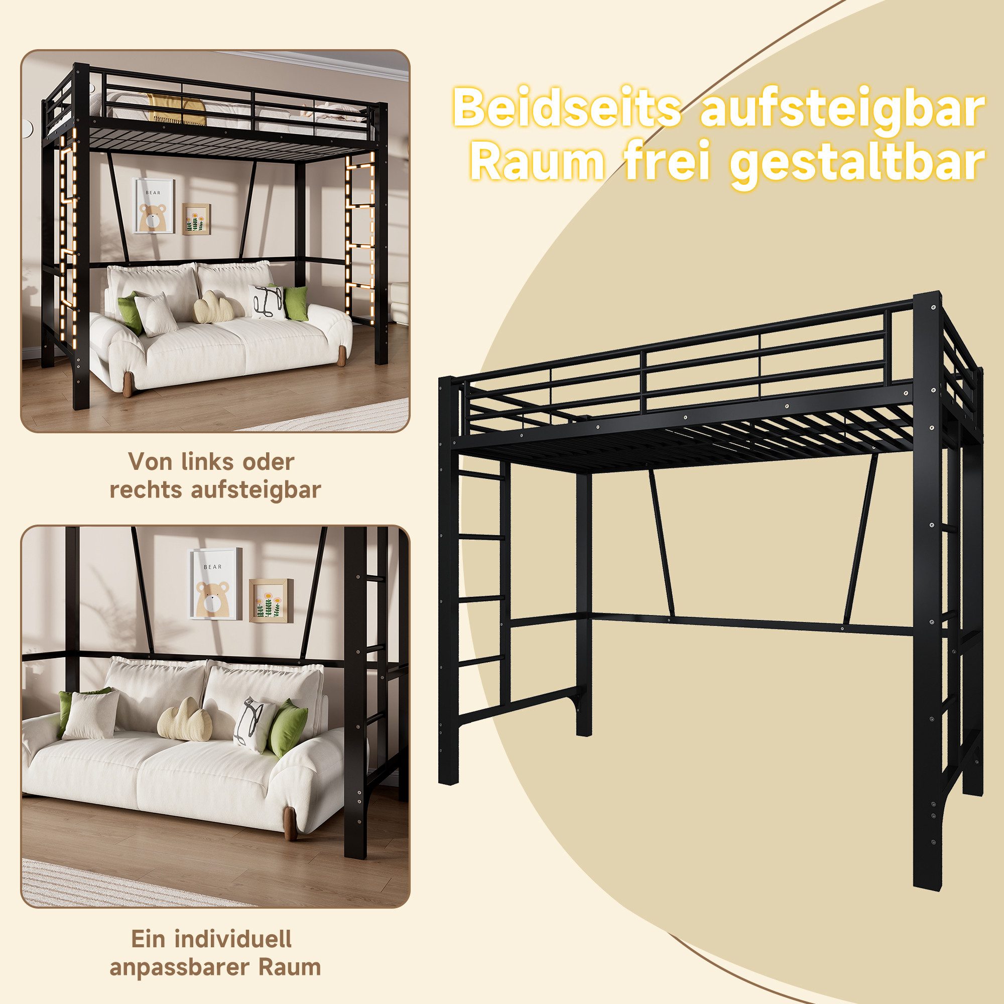 Flieks Hochbett Metallbett 90x200cm mit Doppelleiter, offener Raumgestaltung – Bild 4 von 5