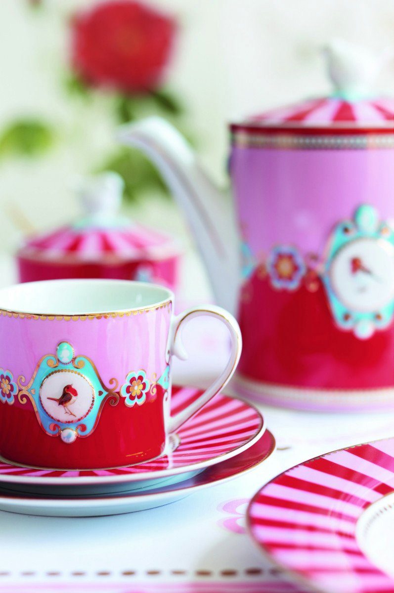 PiP Studio Becher Love Birds Medaillion Henkelbecher Stripes rot/pink 250ml, Bone China, Mug Large Love Birds Medallion Stripes Red-Pink 250ml