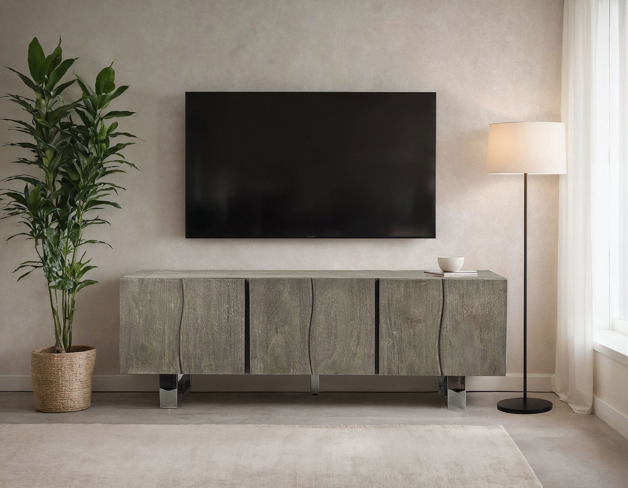 Wohnling Lowboard WL7.027 TV Schrank 160 cm Smoked Grey Holz Massiv Fernsehkommode Grau (drei Türen, 160 cm, Akazie Massivholz Smoked Grey), TV-Schrank Modern Fernsehtisch, TV-Kommode Hoch