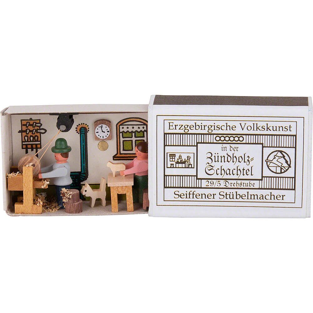 Stübelmacher Gunter Flath Dekofigur Zündholzschachtel Drehstube (3,8cm) von Seiffener Stübelmacher