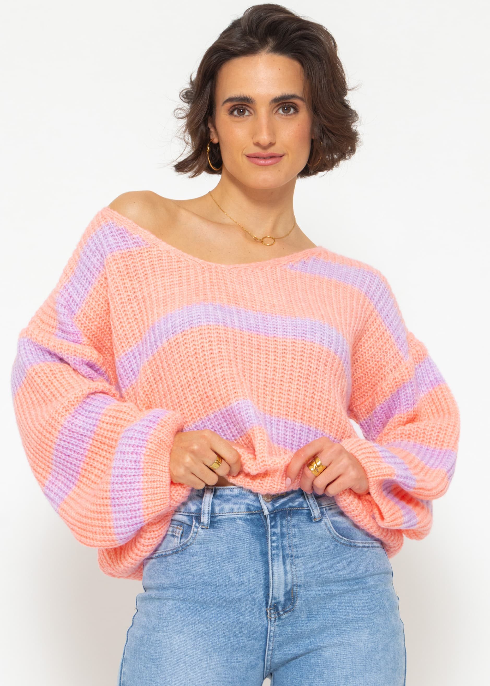 SASSYCLASSY Strickpullover Streifenpullover mit überschnittenen Schultern und V-Ausschnitt