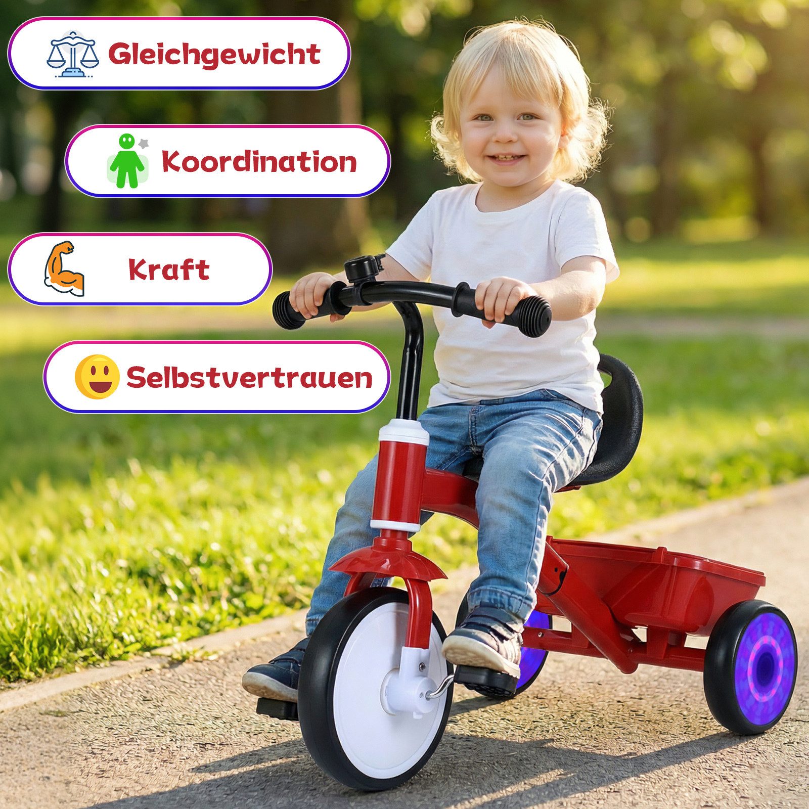 KOMFOTTEU Dreirad, Kinderfahrrad mit leuchtenden Rädern, Belastung 25 kg