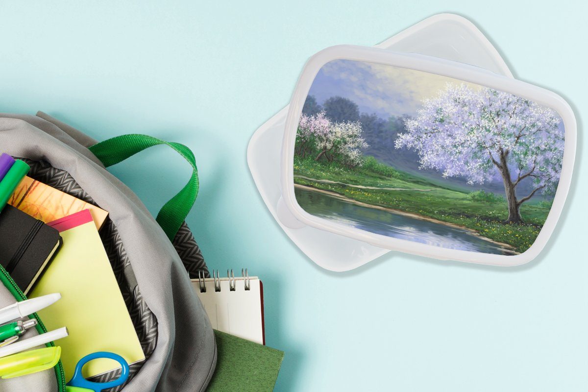 Malerei Kinder und Erwachsene, (2-tlg), - Blüte und Baum Natur für Mädchen Jungs Lunchbox - Brotdose, - MuchoWow Wasser, für Kunststoff, Brotbox weiß -
