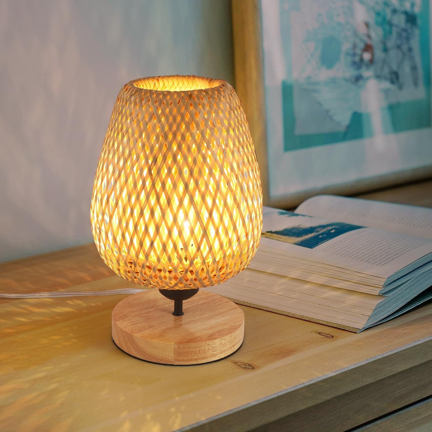 Riserva Hängeleuchte Geflochtene Bambus Tischlampe Natur Holz E27 D16.5xH30cm