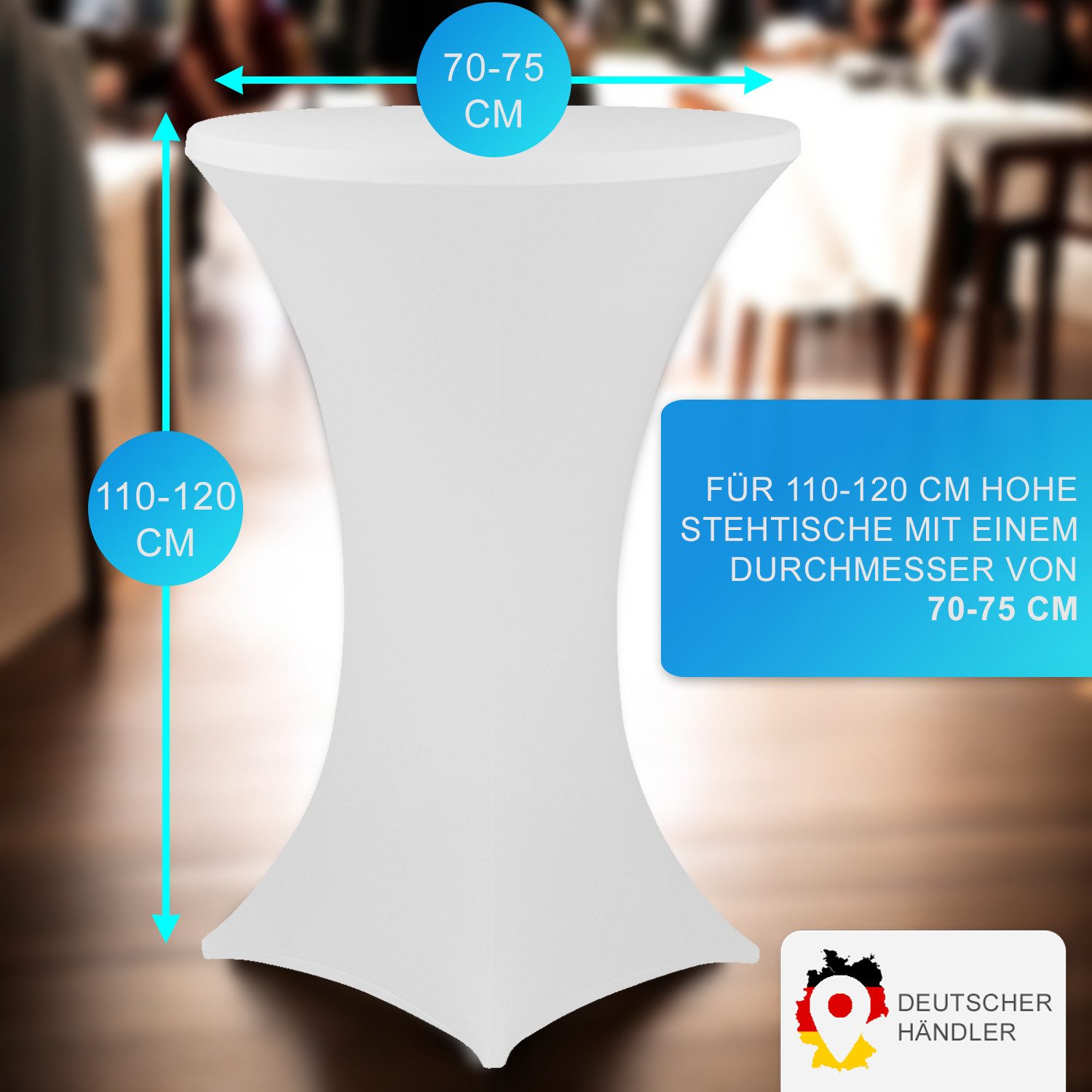 NYVI Stehtischhusse Stehtischhusse NYVIGala 70cm Weiß Elastische Stretchhusse, Elegante Premium Husse für Stehtisch & Bistrotisch mit 110-120cm Höhe