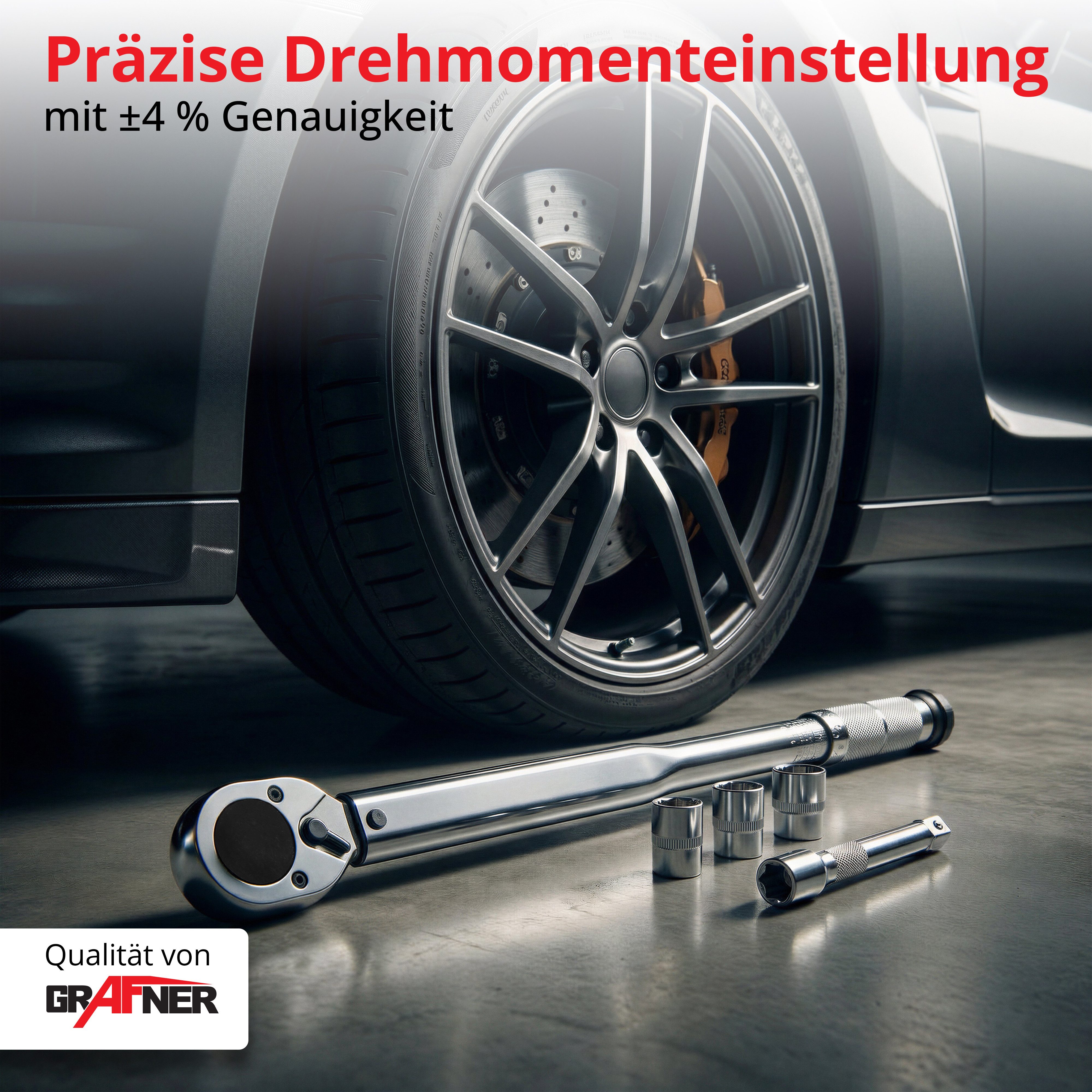 Grafner Drehmomentschlüssel Drehmomentschlüssel 28-210Nm 1/2" Zoll Set 17 - 21 mm DM10931 (Set, 6), 28 bis 210 Nm, 3 Steck-Aufsätzen (17, 19 & 21 mm)
