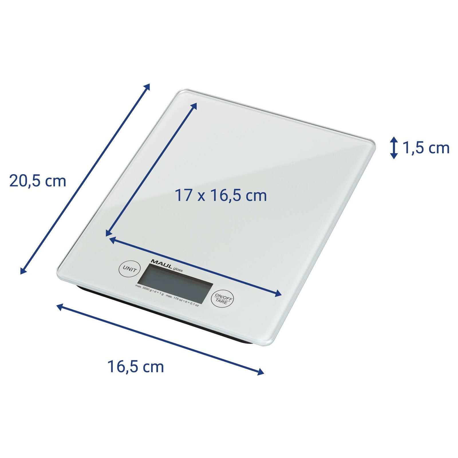 MAUL Küchenwaage Briefwaage MAULgloss mit Batterie, 5000 g, Bruchsicheres Kunststoffgehäuse, Ein-Tasten-Bedienung, LCD-Anzeige