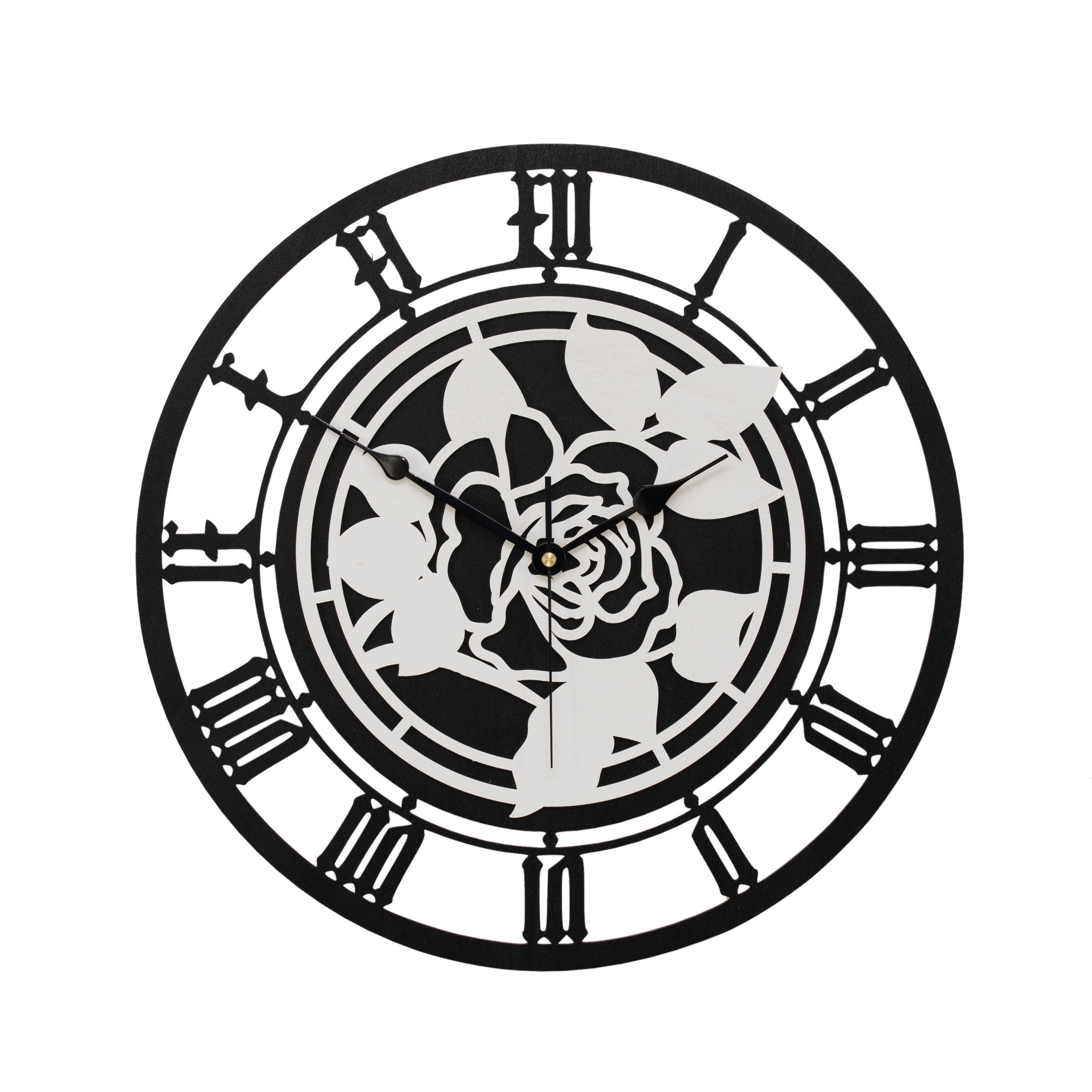 ORNAMENTI Wanduhr Florale Wanduhr mit Rose, grosse, vintage, hingucker Wanduhr, holz (Handmade, retro, ohne Ticken, Wanddeko, 3 Größen 40, 50, 60 cm)