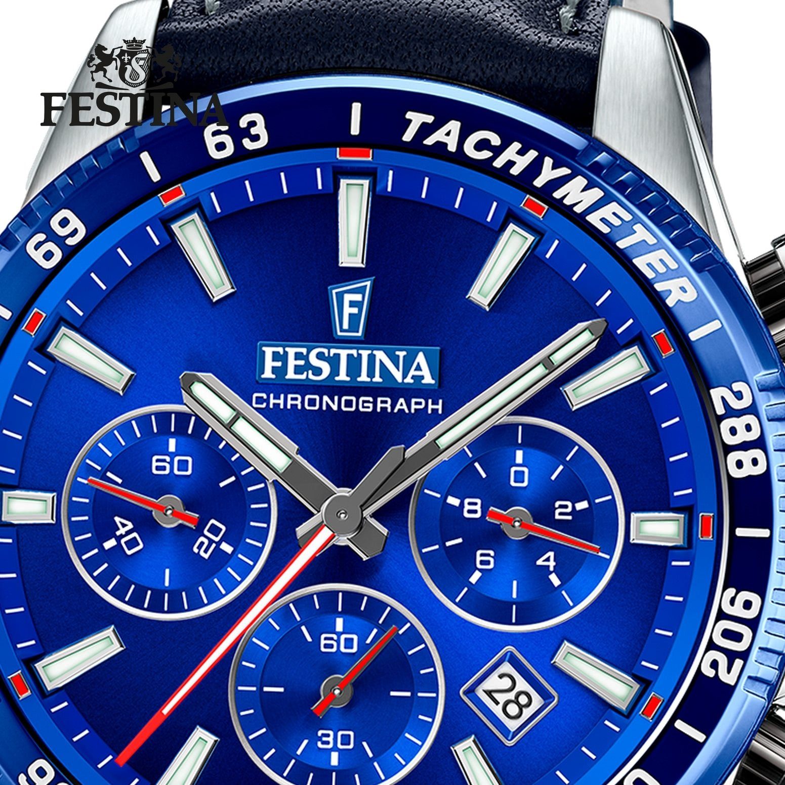 Festina Timeless Armbanduhr Lederarmband Chronograph, Festina Herrenuhr Herren Quarzuhr Elegant rund, dunkelblau,