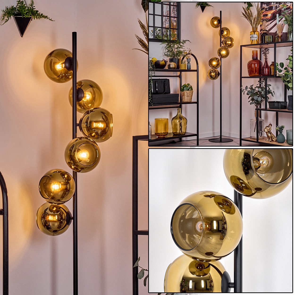 Stehlampe Stehlampe aus Metall/Glas in Schwarz/Gold, Retro/Vintage-Design