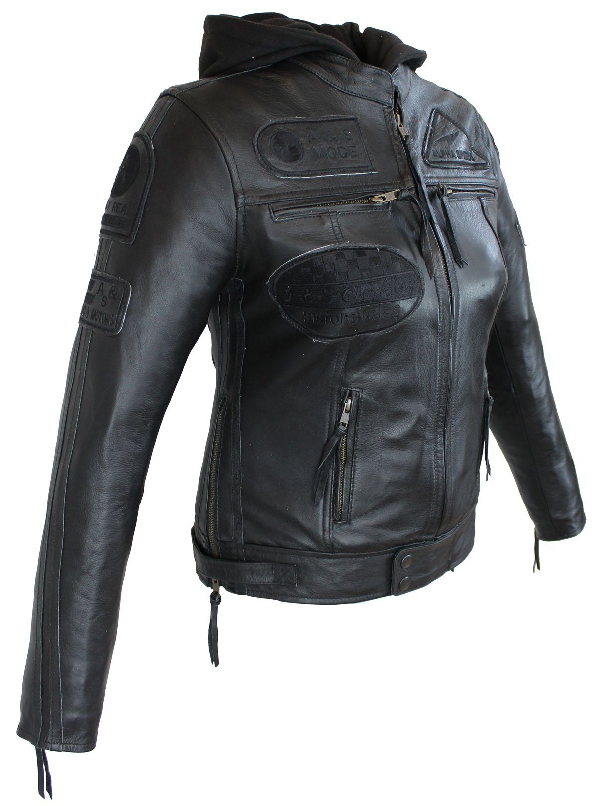 Alpha Speeds Motorradjacke - /Freizeit Damen Lammlederjacke Bikerjacke Highway 11 (mit einer abnehmbaren Kapuze) aus weichem Lammleder, inklusive einsetzbarer Protektoren