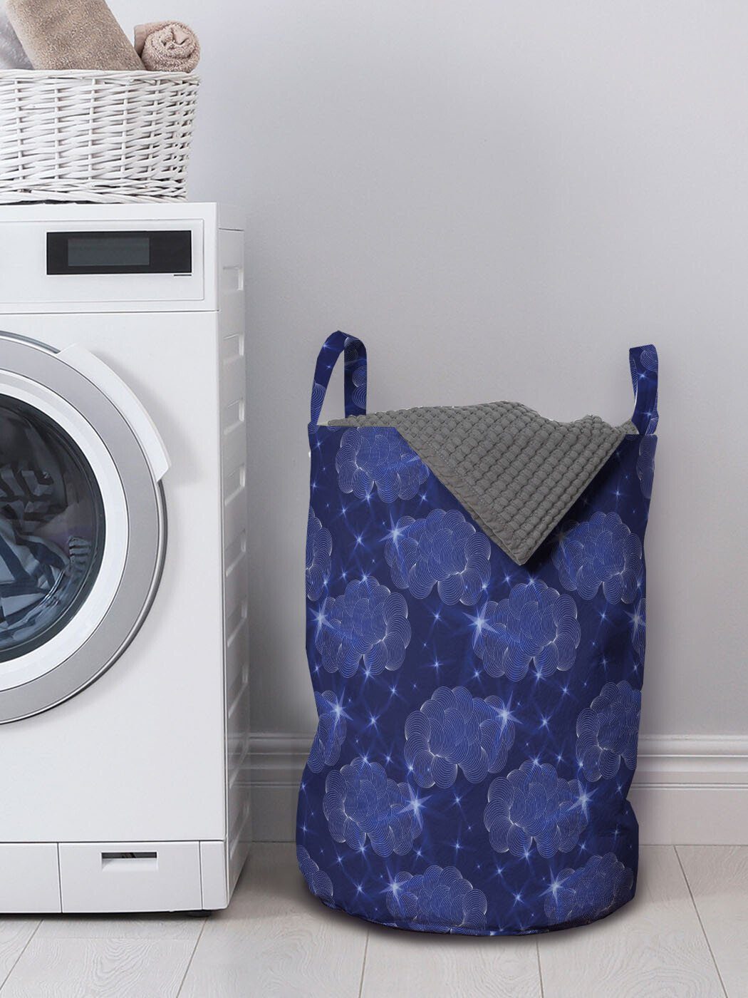 Blauer Wäschesäckchen für Stripes Kordelzugverschluss Abakuhaus Waschsalons, Griffen Himmel Zentangle Wolken Wäschekorb mit