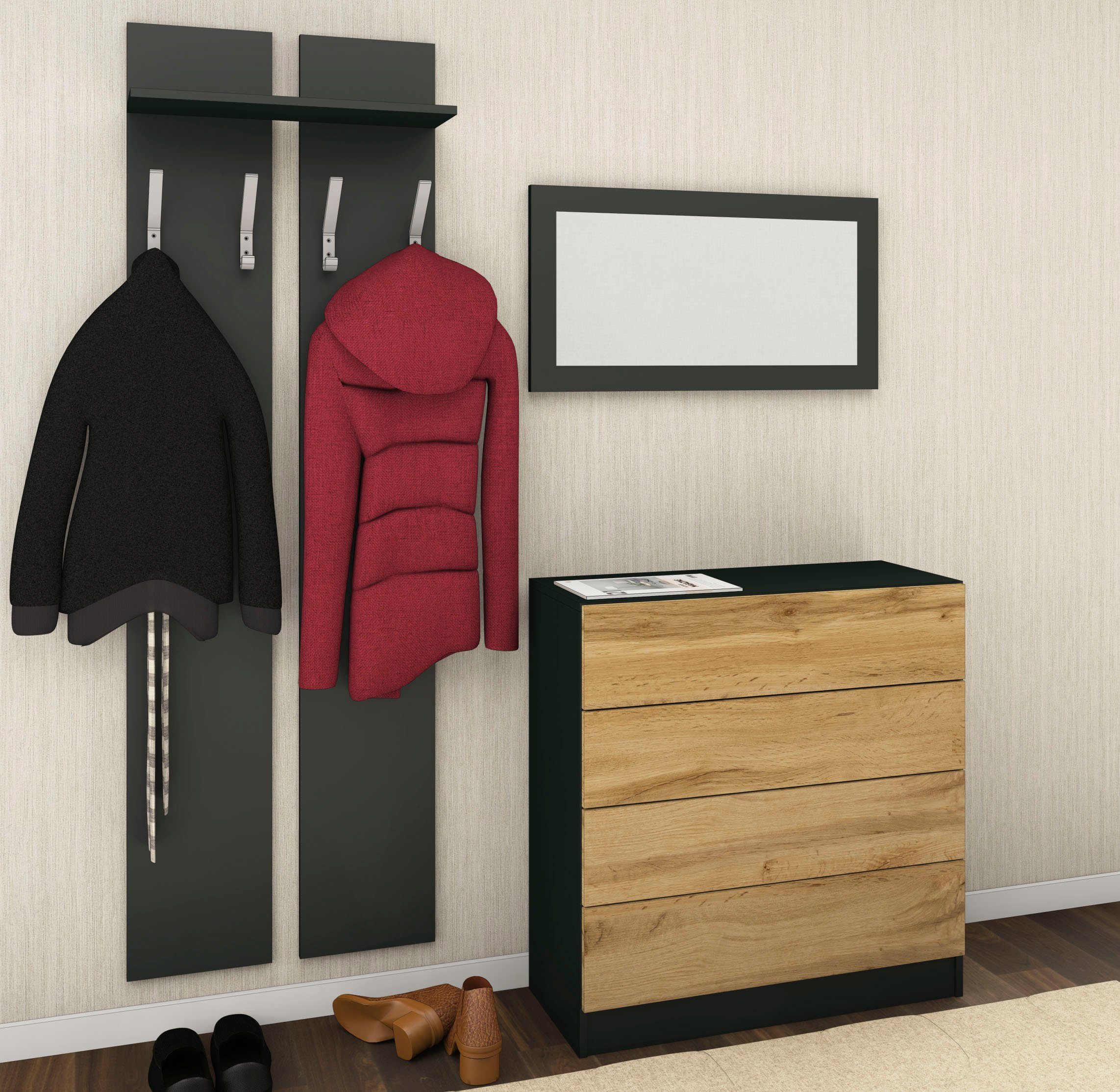 (Set, schwarz 3, borchardt Vaasa to mit Möbel 3-St), Open-Funktion Push Garderoben-Set wotan matt/eichefarben