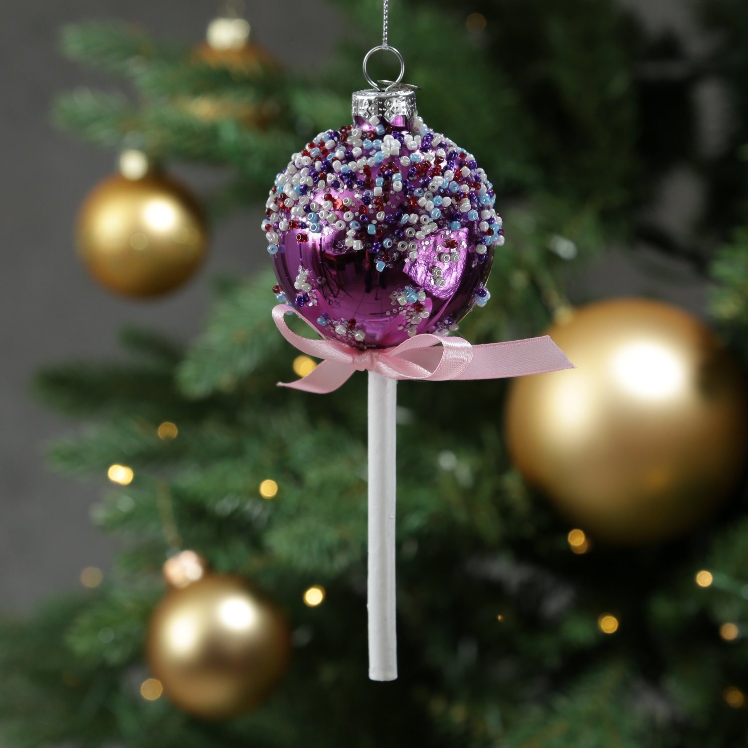 MARELIDA Christbaumschmuck Weihnachtsbaumschmuck Lolli Cake Pop mit Perlen Glas H: 16cm lila