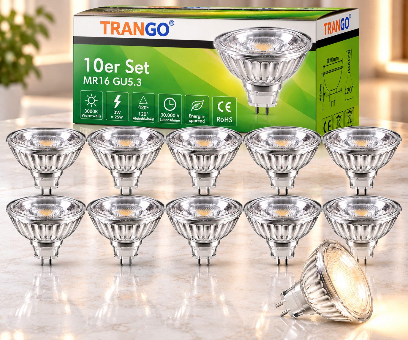TRANGO LED-Leuchtmittel, 10er Set MR16-NT3 LED Leuchtmittel mit MR16 Fassung zum Austausch von herkömmlichen Halogen Leuchtmittel MR16 I …