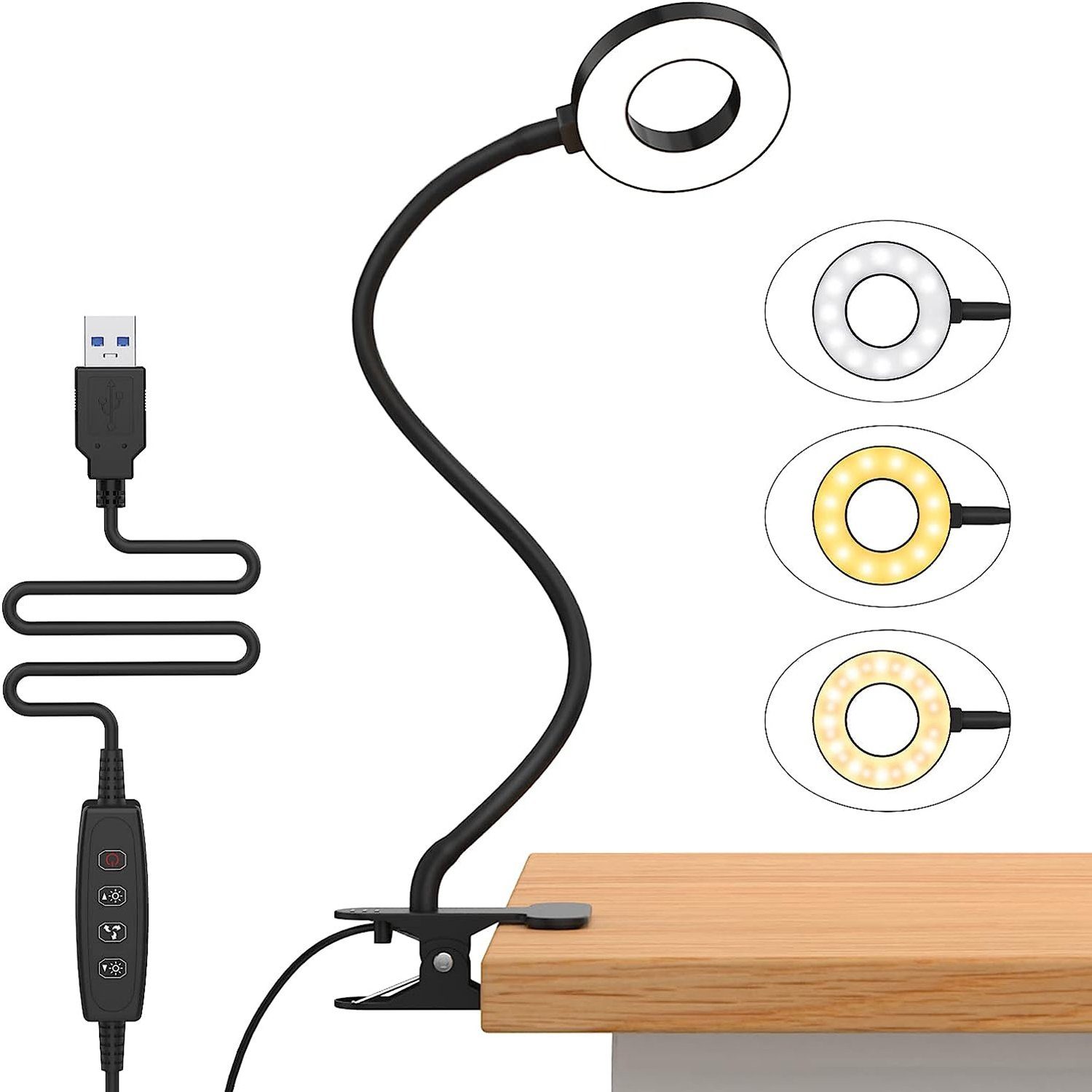 Rosnek LED Klemmleuchte Ringlicht, Clip-On, 3 Farben, dimmbar, für Kopfteil Büro Schreibtisch, 3000K Warmweiß, 4500K Naturweiß, 6500K Kaltweiß, flexibler Schwanenhals, USB, Schlafzimmer Deko