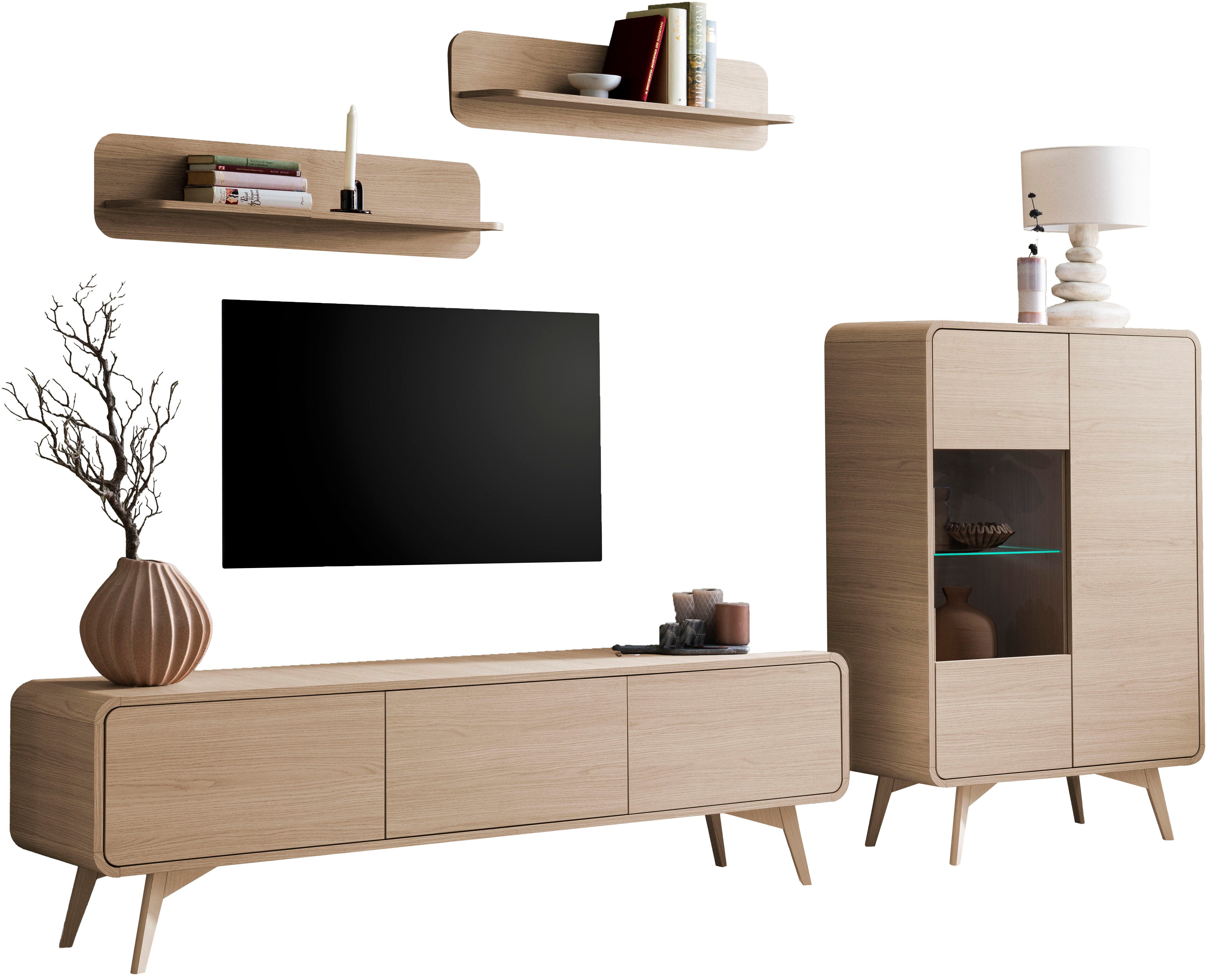 Home affaire Wohnwand Torsby, moderne Anbauwand, Komplettset im Scandi-Stil, (Set, 4-St), enthält Vitrine, Lowboard, und Wandboards, 290 cm breit