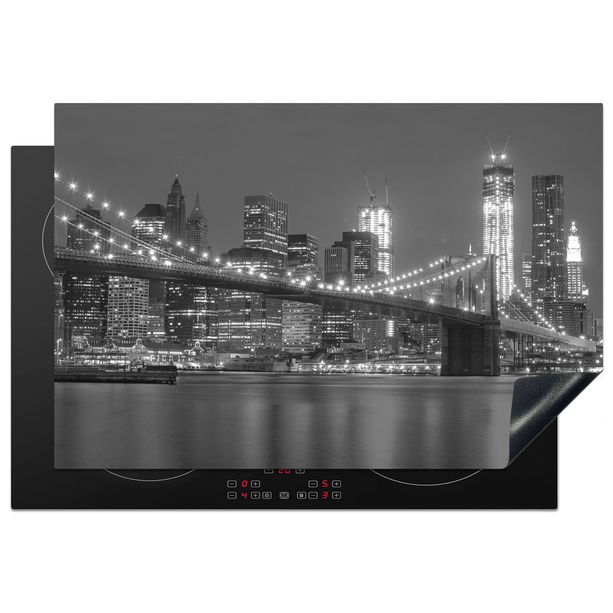 MuchoWow Herdblende-/Abdeckplatte Brooklyn-Brücke - Schwarz - Weiß - Licht, Vinyl, (1 tlg), 78x52 cm, Mobile Arbeitsfläche nutzbar, Ceranfeldabdeckung